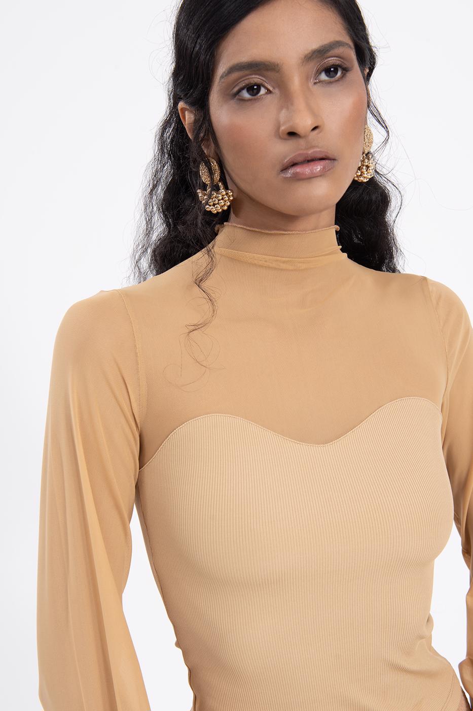 Balloon sleeve transparent blouse Beige