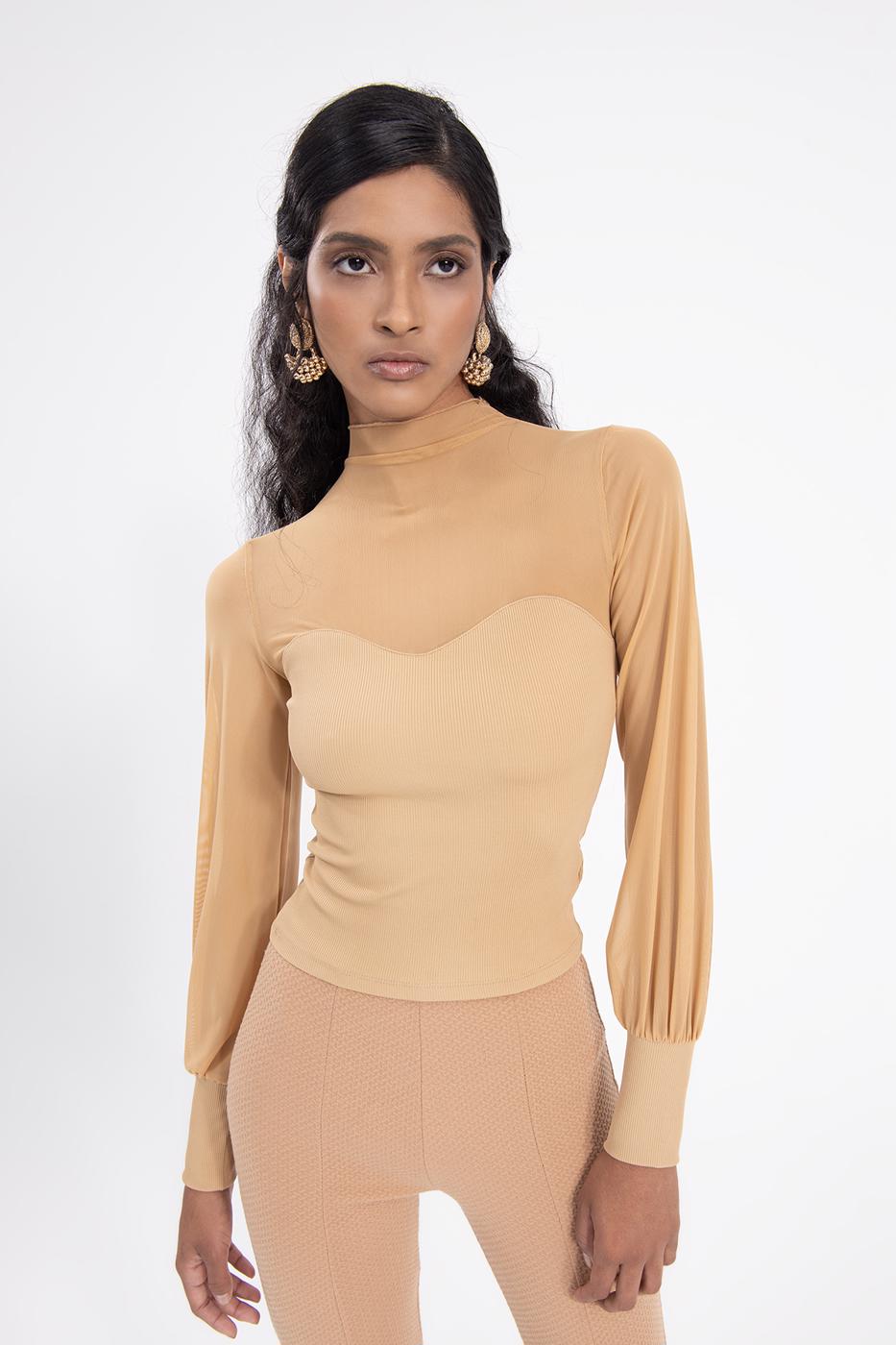 Balloon sleeve transparent blouse Beige