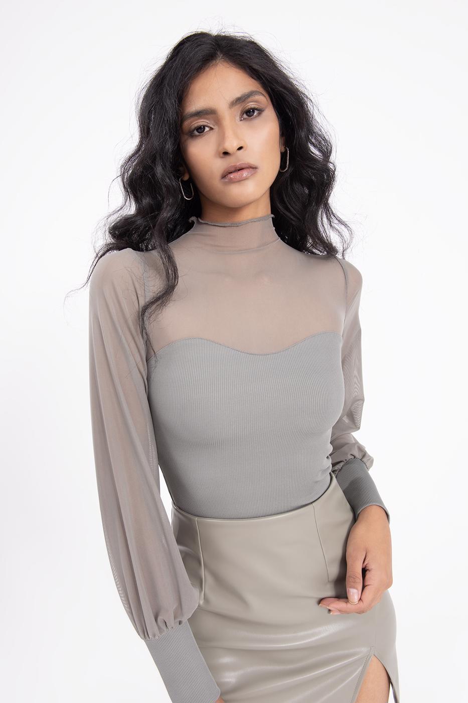 Balloon sleeve transparent blouse Grey