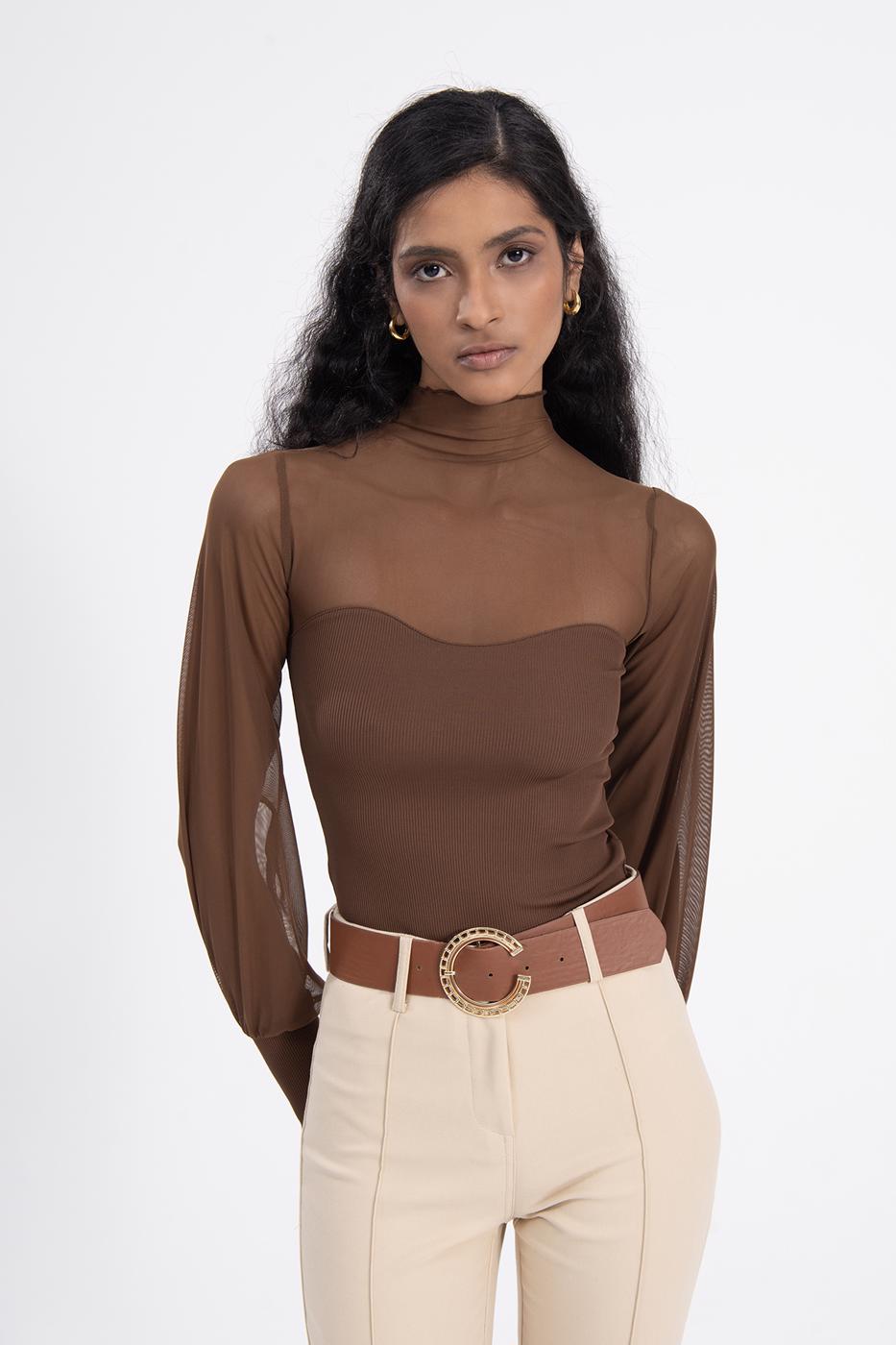 Balloon sleeve transparent blouse Brown