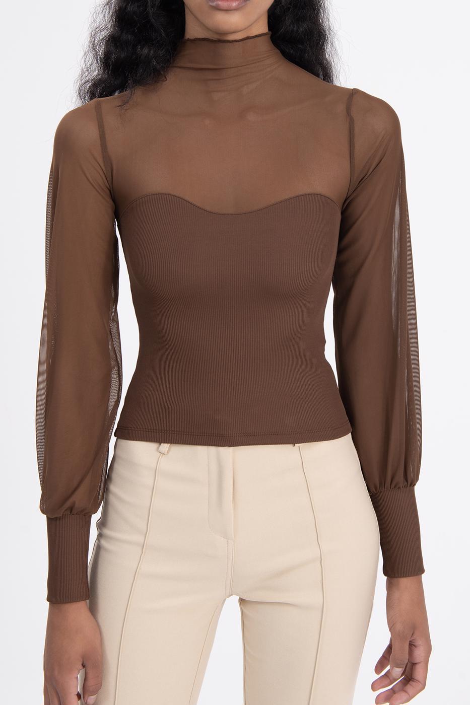 Balloon sleeve transparent blouse Brown