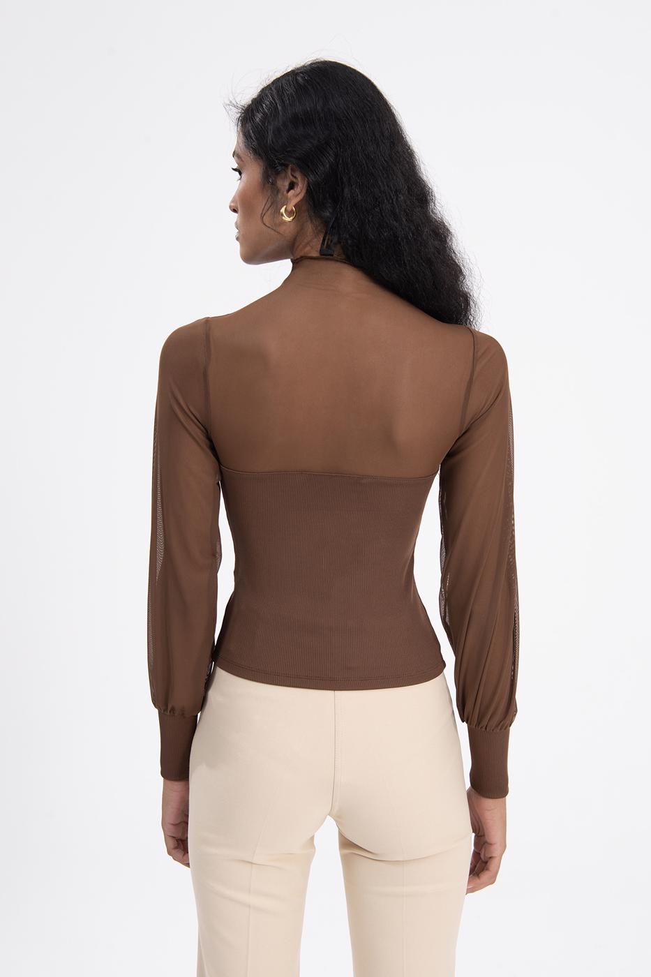 Balloon sleeve transparent blouse Brown