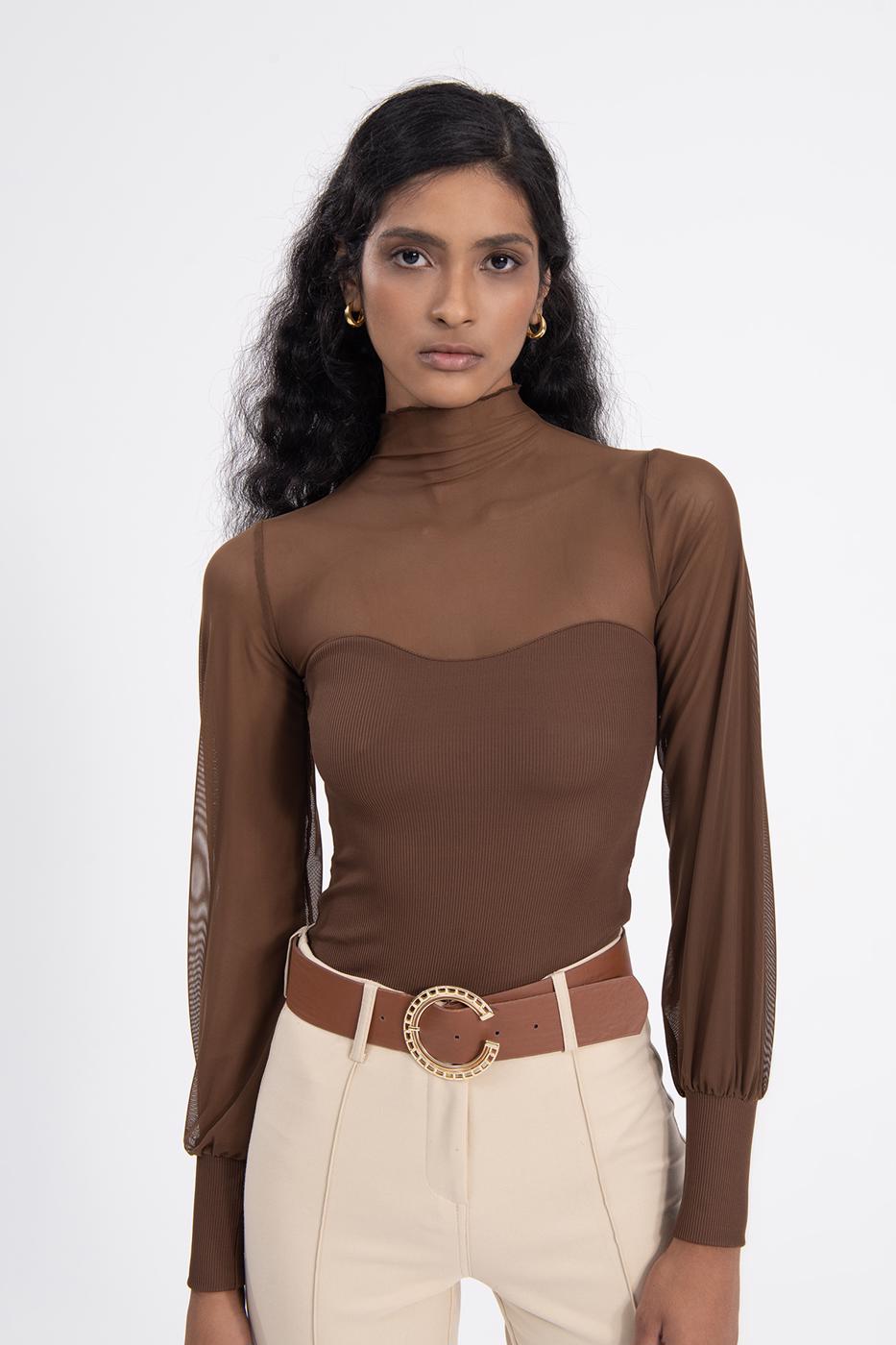 Balloon sleeve transparent blouse Brown