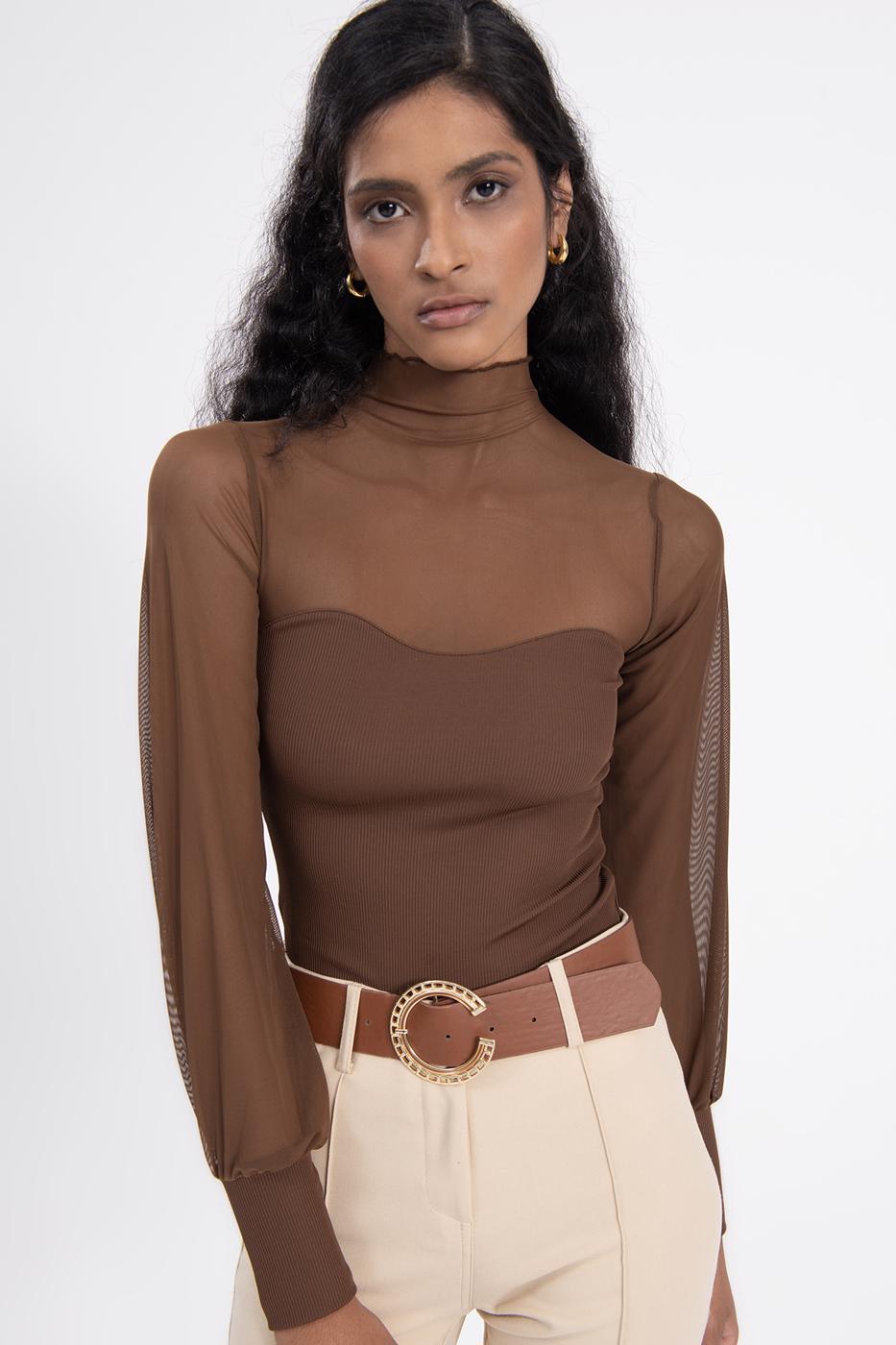Balloon sleeve transparent blouse Brown