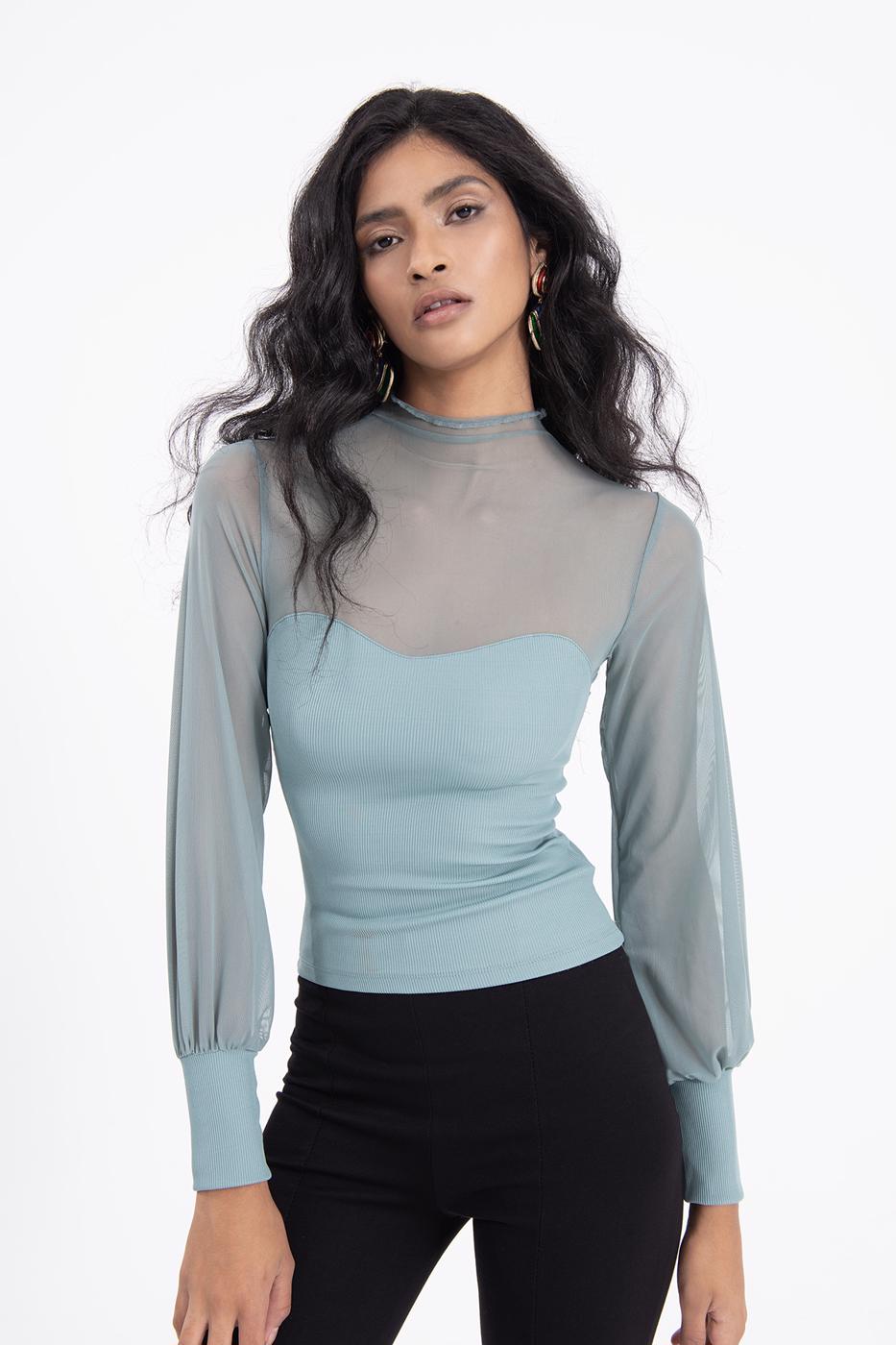 Balloon sleeve transparent blouse Mint
