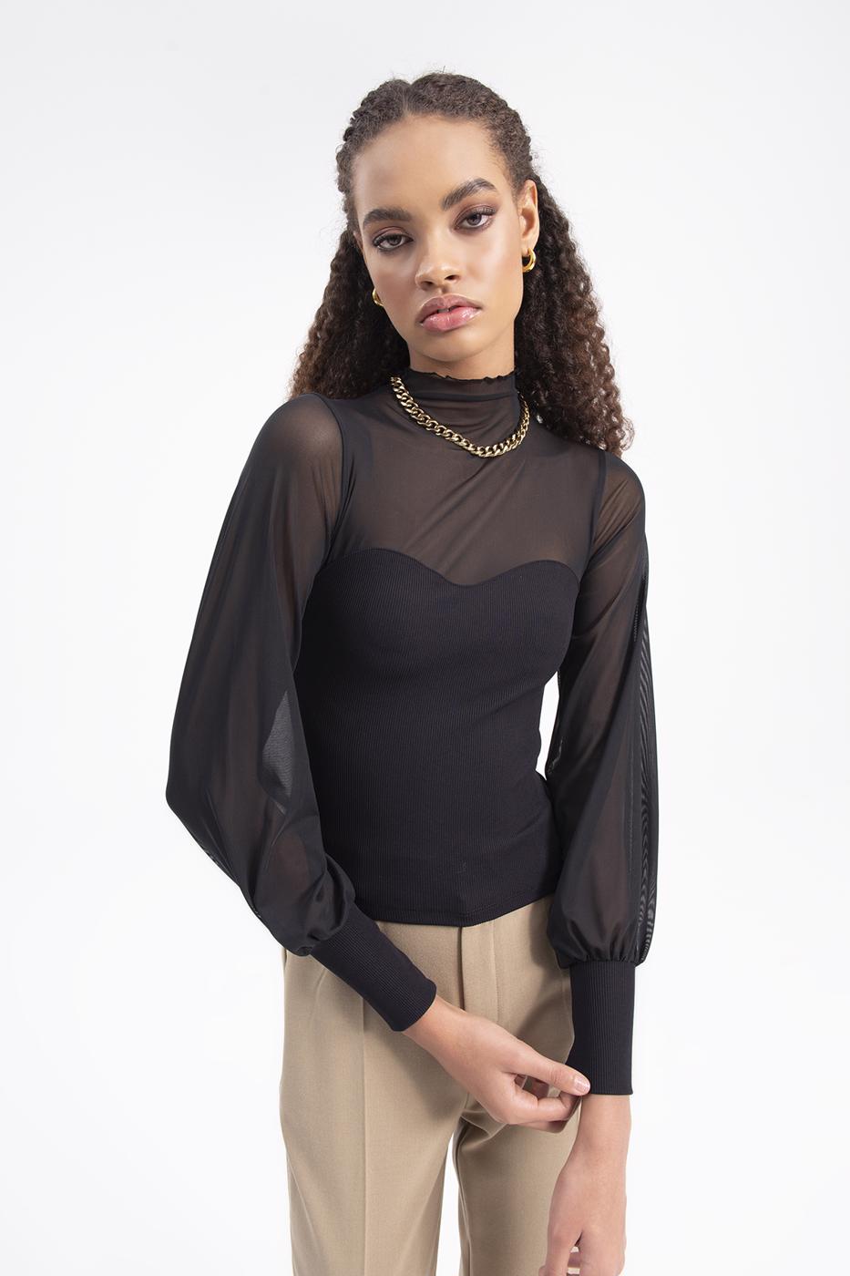 Balloon sleeve transparent blouse Black