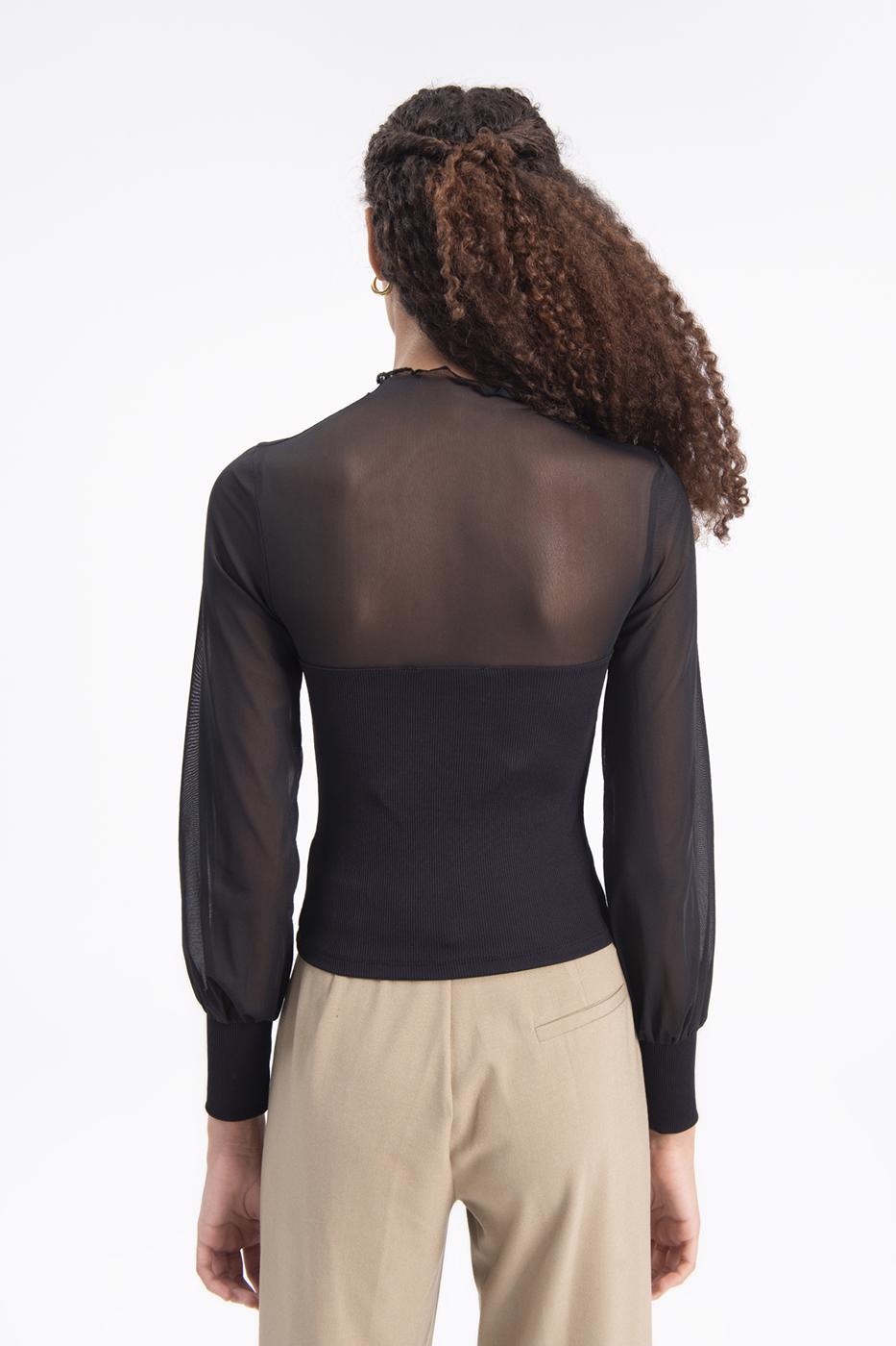 Balloon sleeve transparent blouse Black