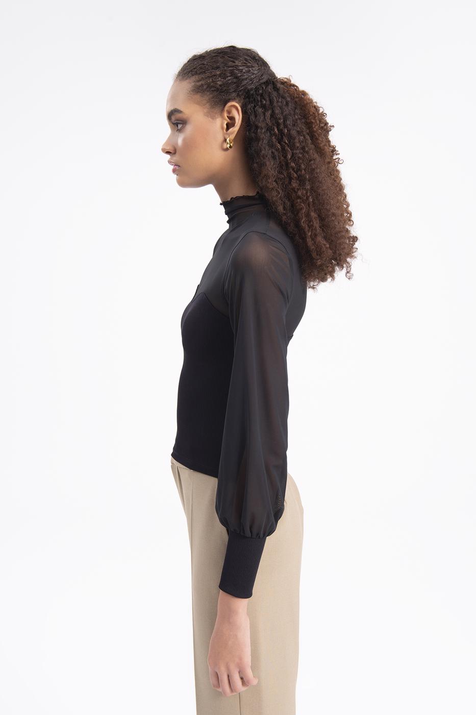 Balloon sleeve transparent blouse Black