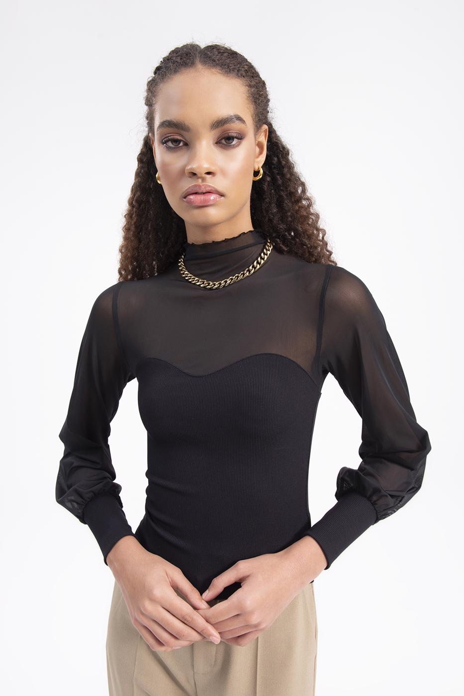 Balloon sleeve transparent blouse Black
