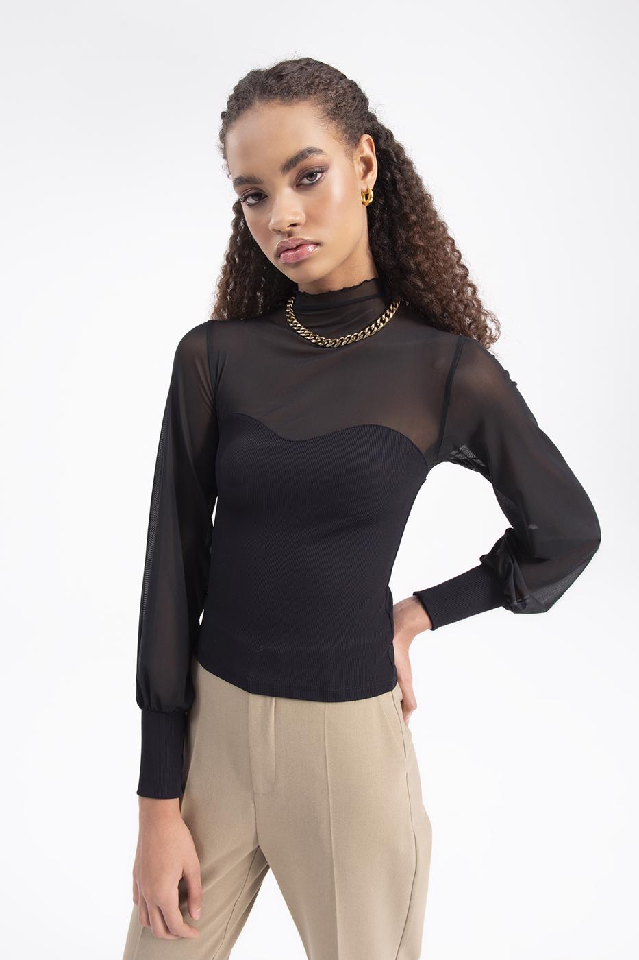 Balloon sleeve transparent blouse Black