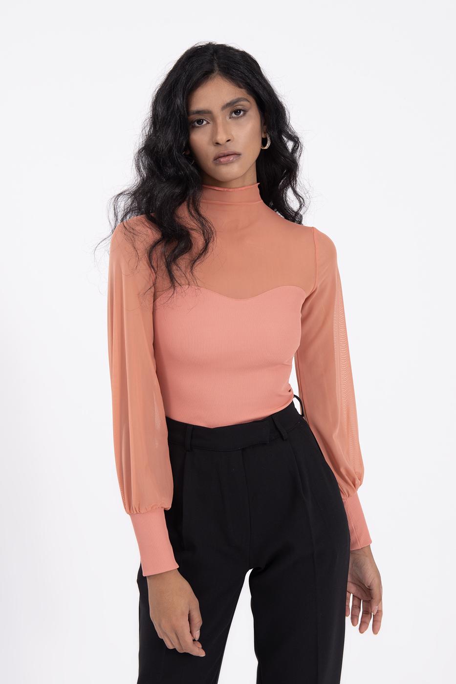 Balloon sleeve transparent blouse Salmon
