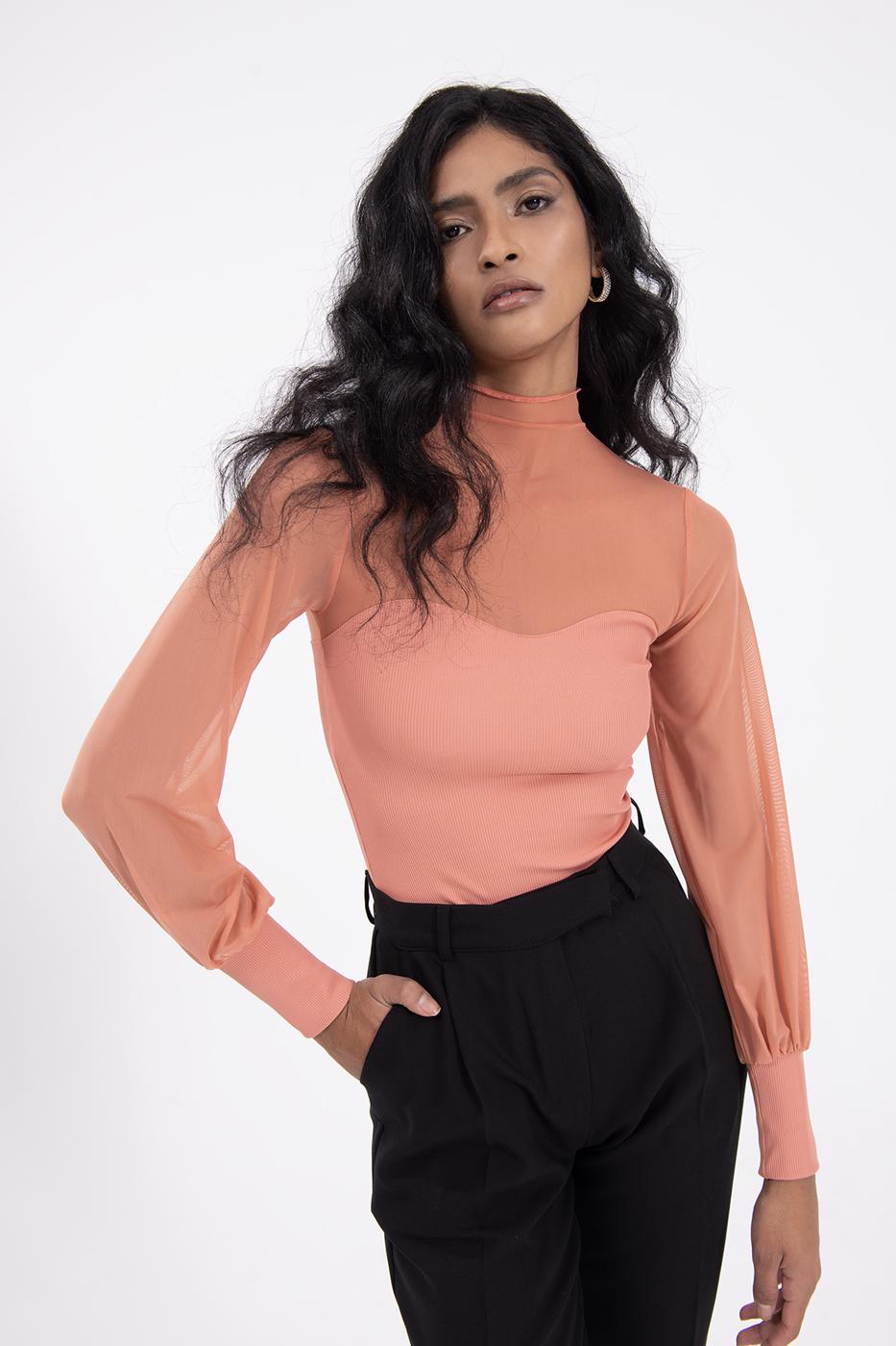 Balloon sleeve transparent blouse Salmon
