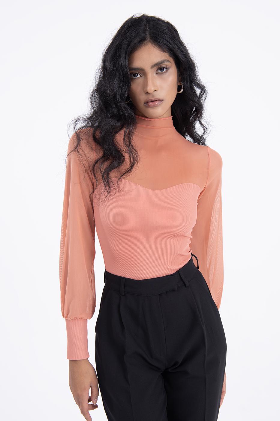Balloon sleeve transparent blouse Salmon