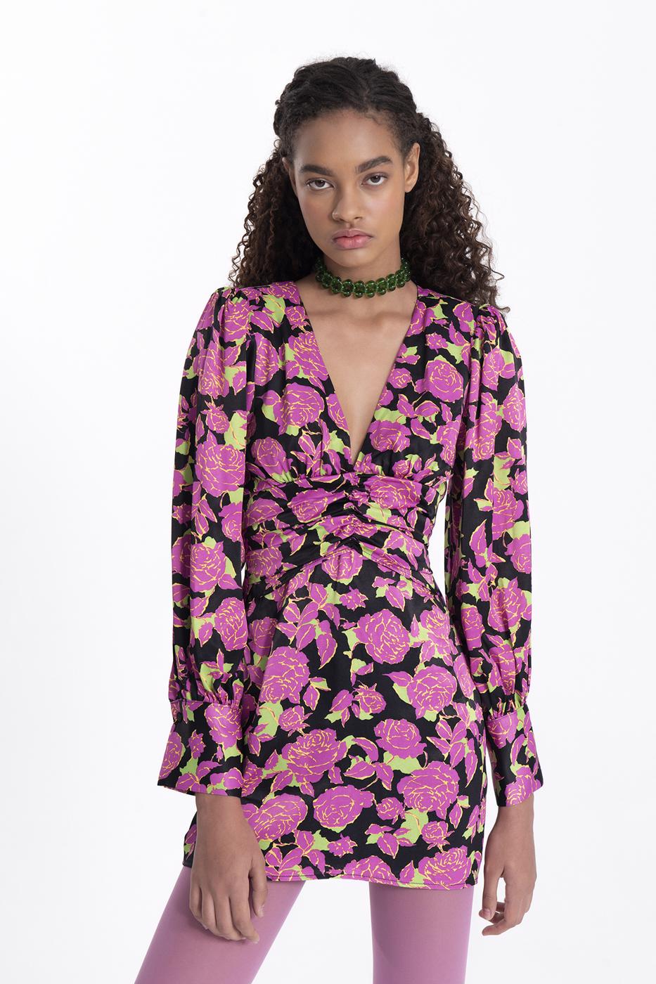 Balloon sleeve V-neck mini dress Black