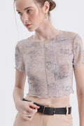 Printed tulle top Beige