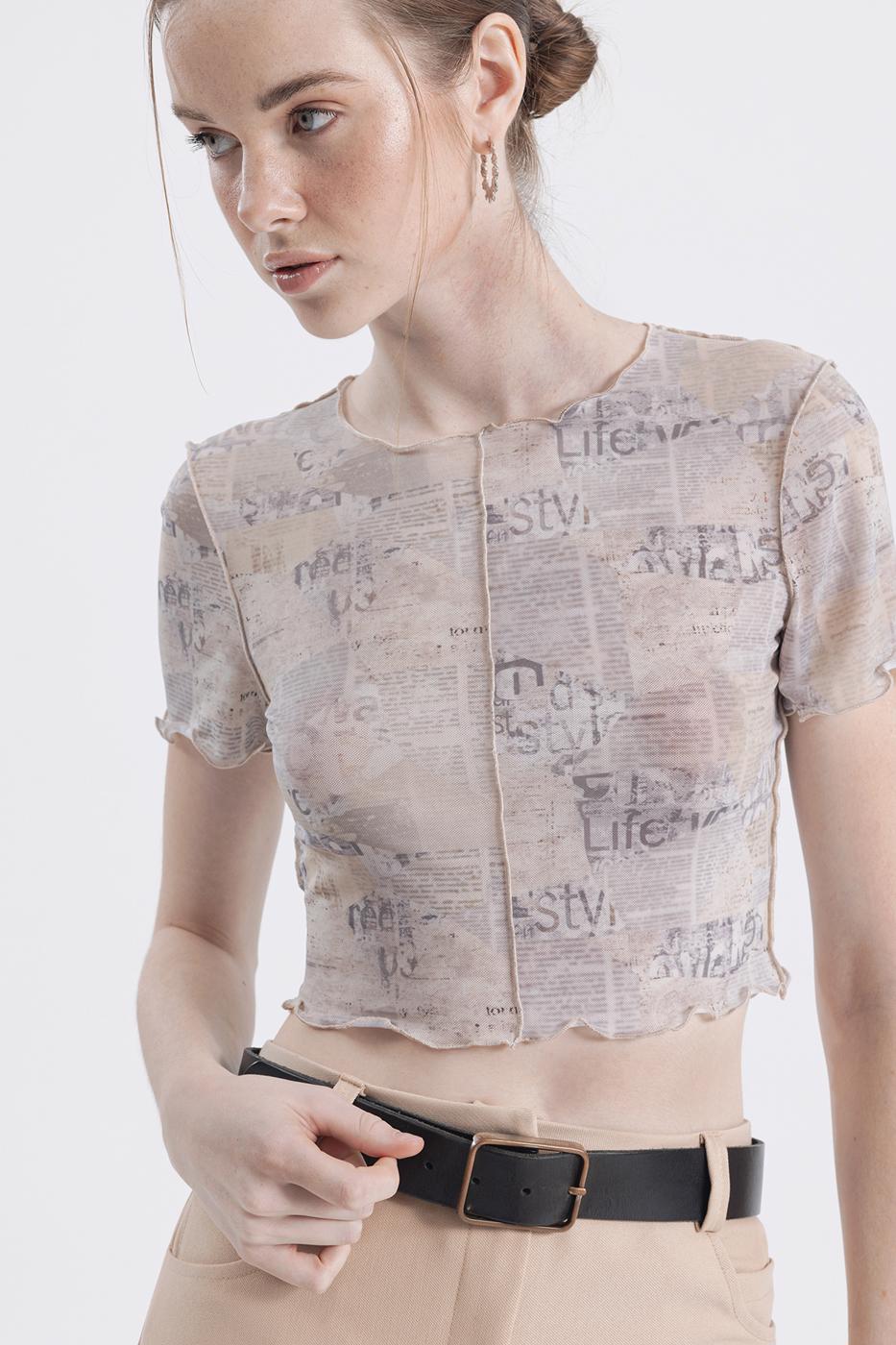 Printed tulle top Beige