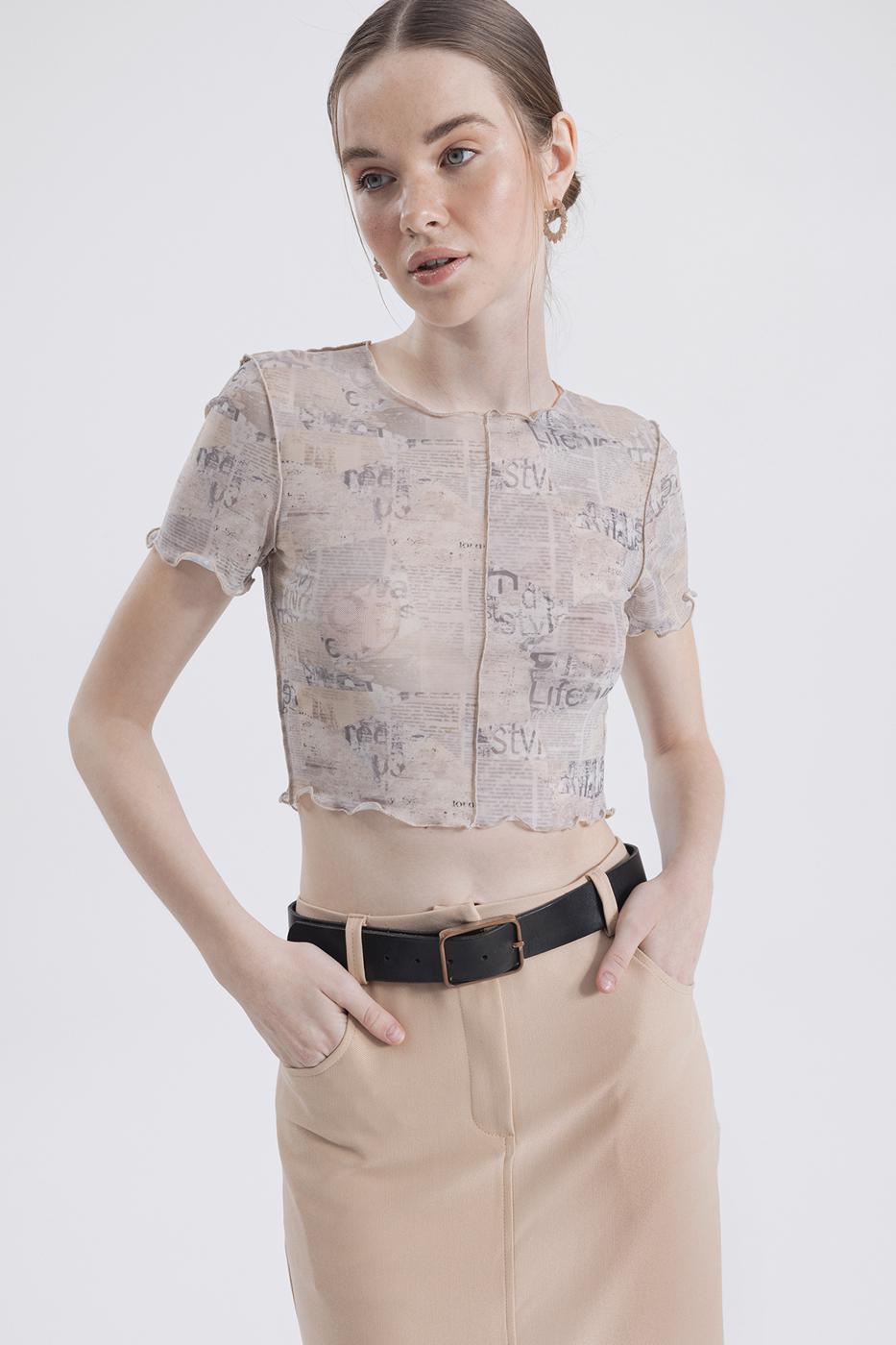 Printed tulle top Beige