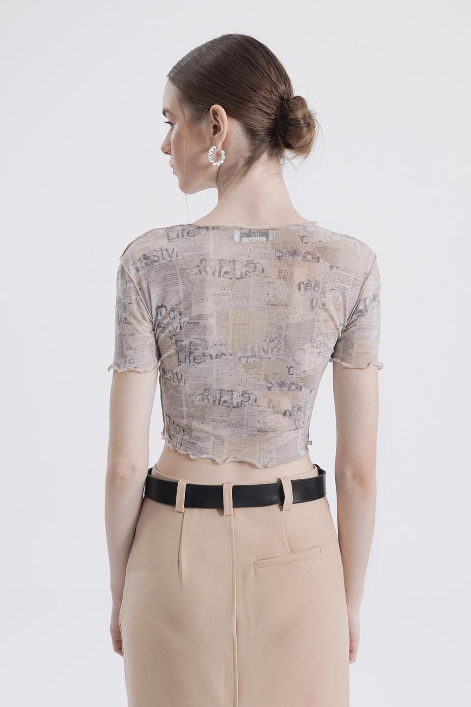 Printed tulle top Beige