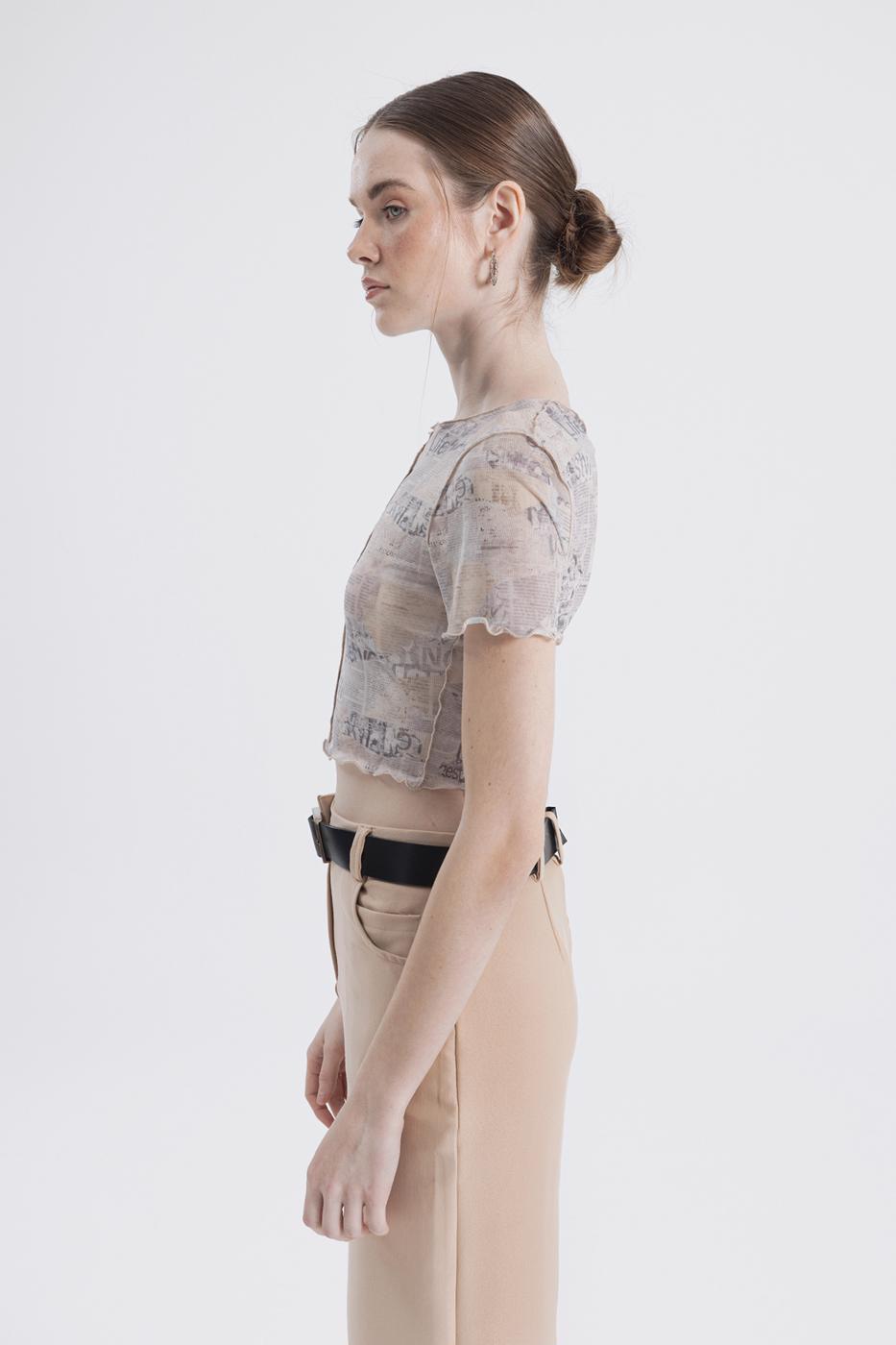 Printed tulle top Beige