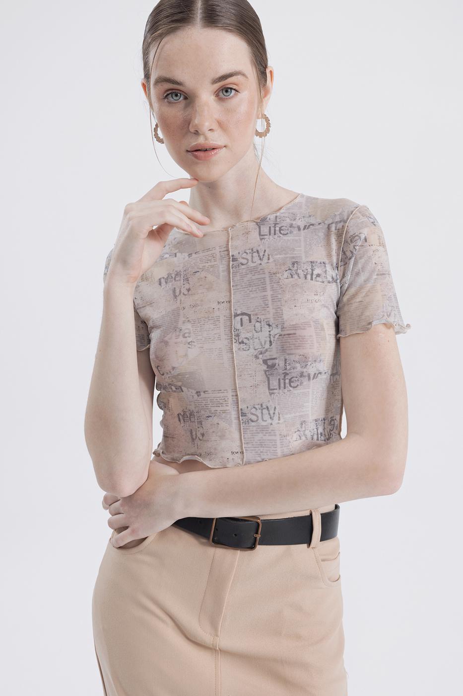 Printed tulle top Beige