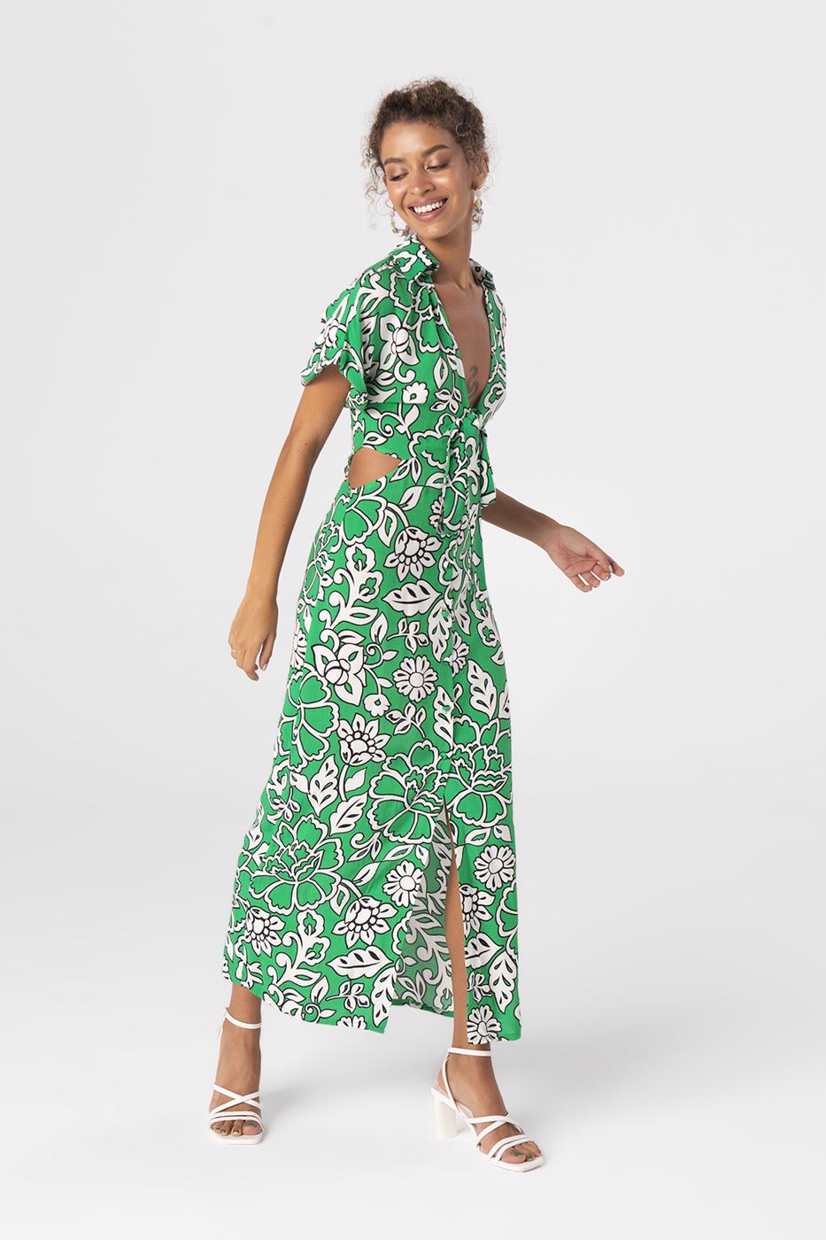 Cut-out waist shirt collar midi dress