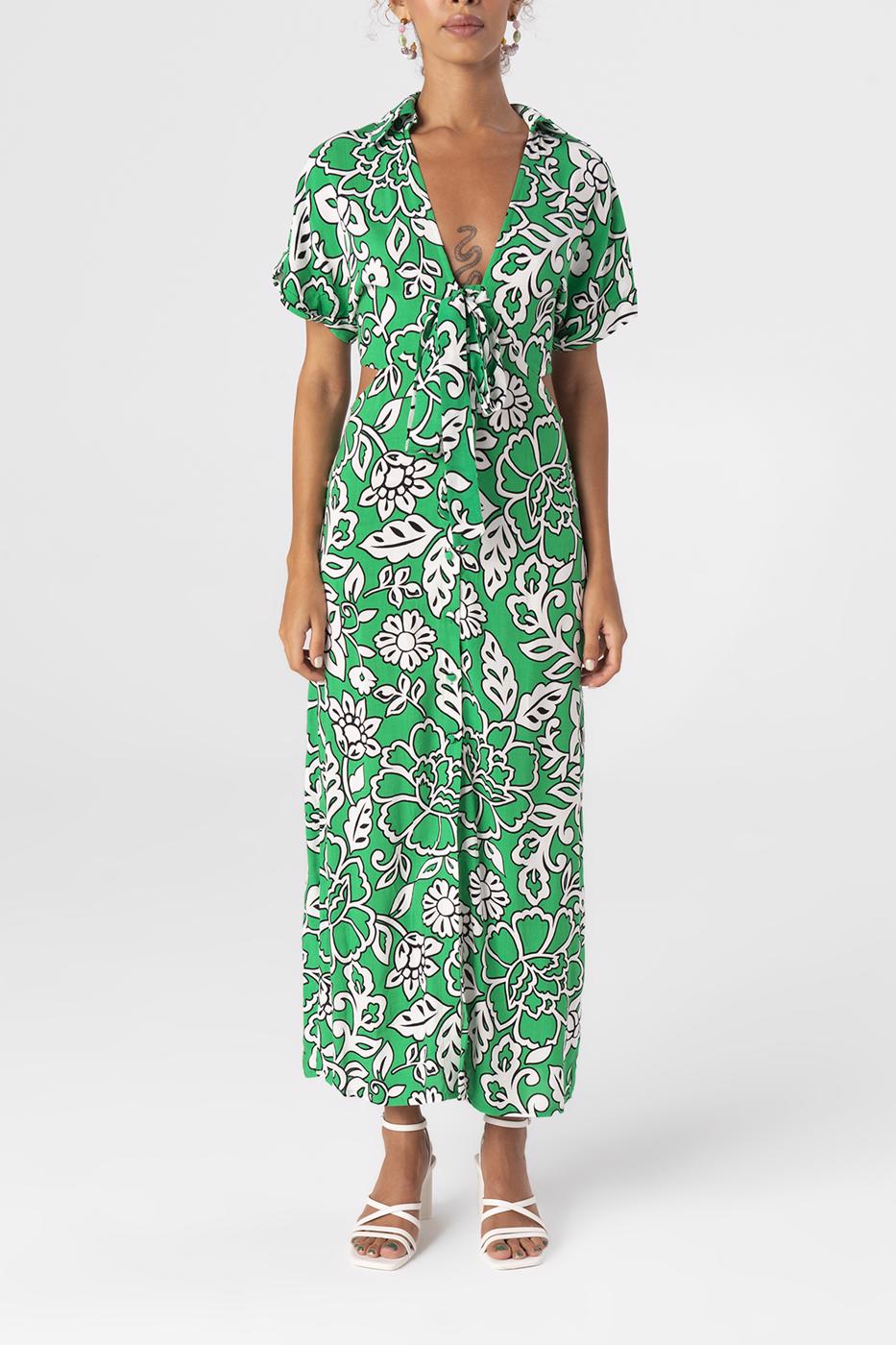 Cut-out waist shirt collar midi dress