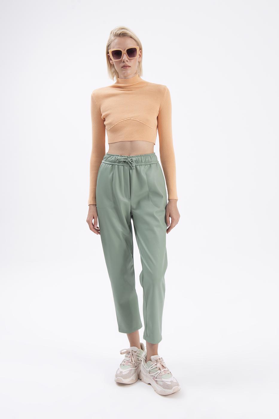 Elastic waist band straight cut faux leather pants