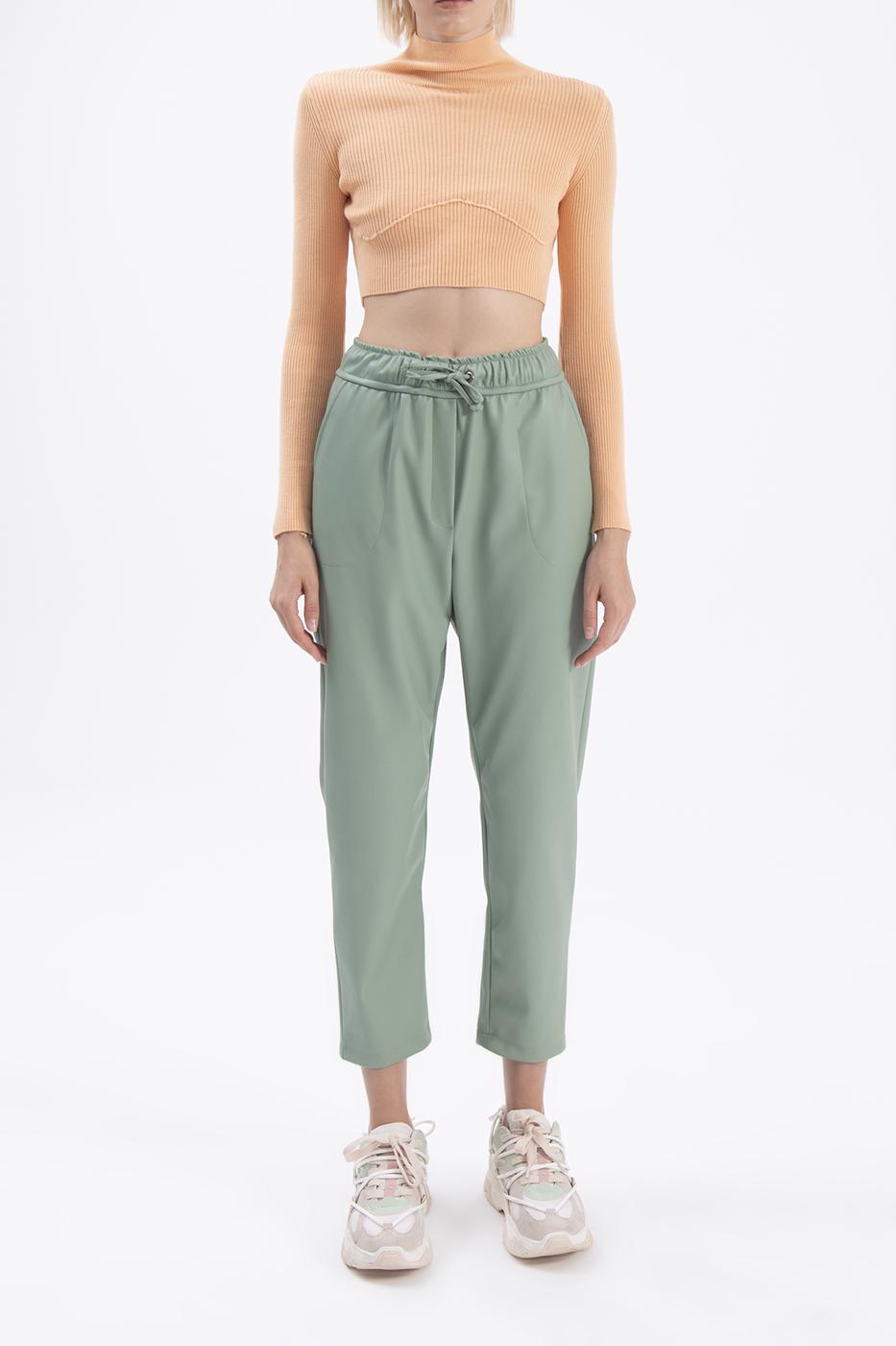 Elastic waist band straight cut faux leather pants