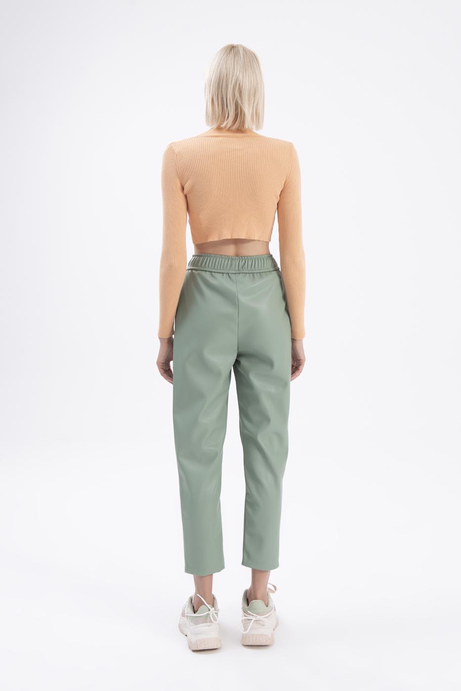 Elastic waist band straight cut faux leather pants