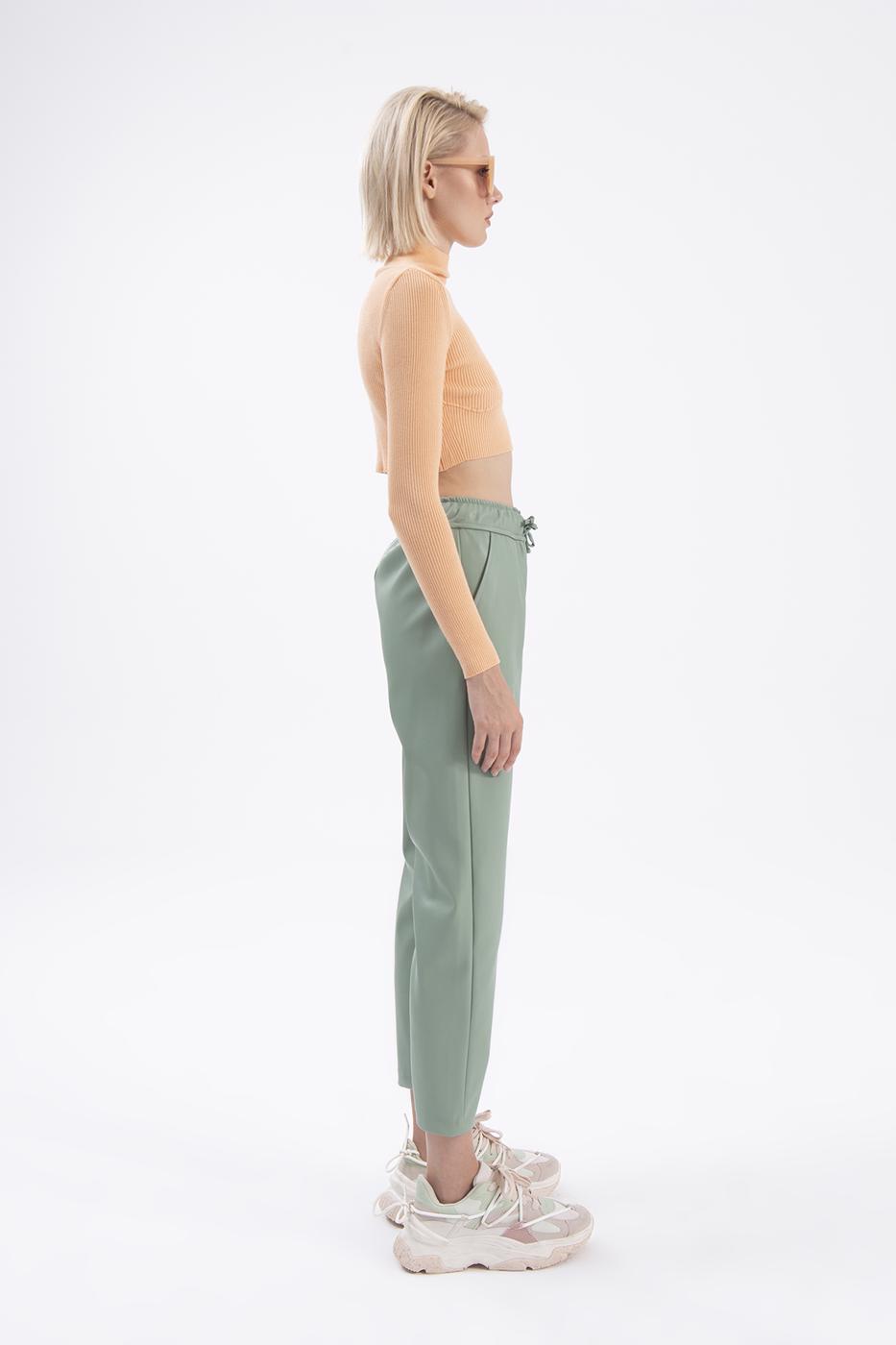 Elastic waist band straight cut faux leather pants