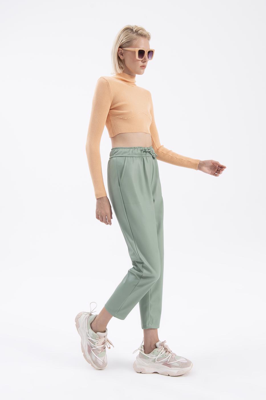 Elastic waist band straight cut faux leather pants