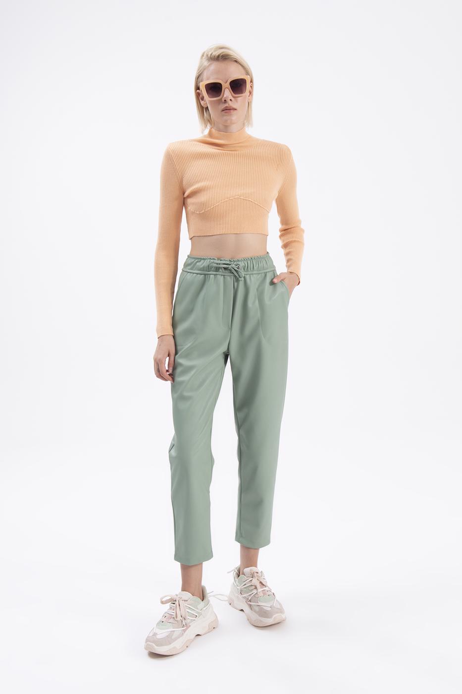 Elastic waist band straight cut faux leather pants