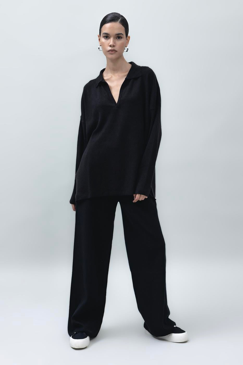 Wide Leg Knit Pants Black