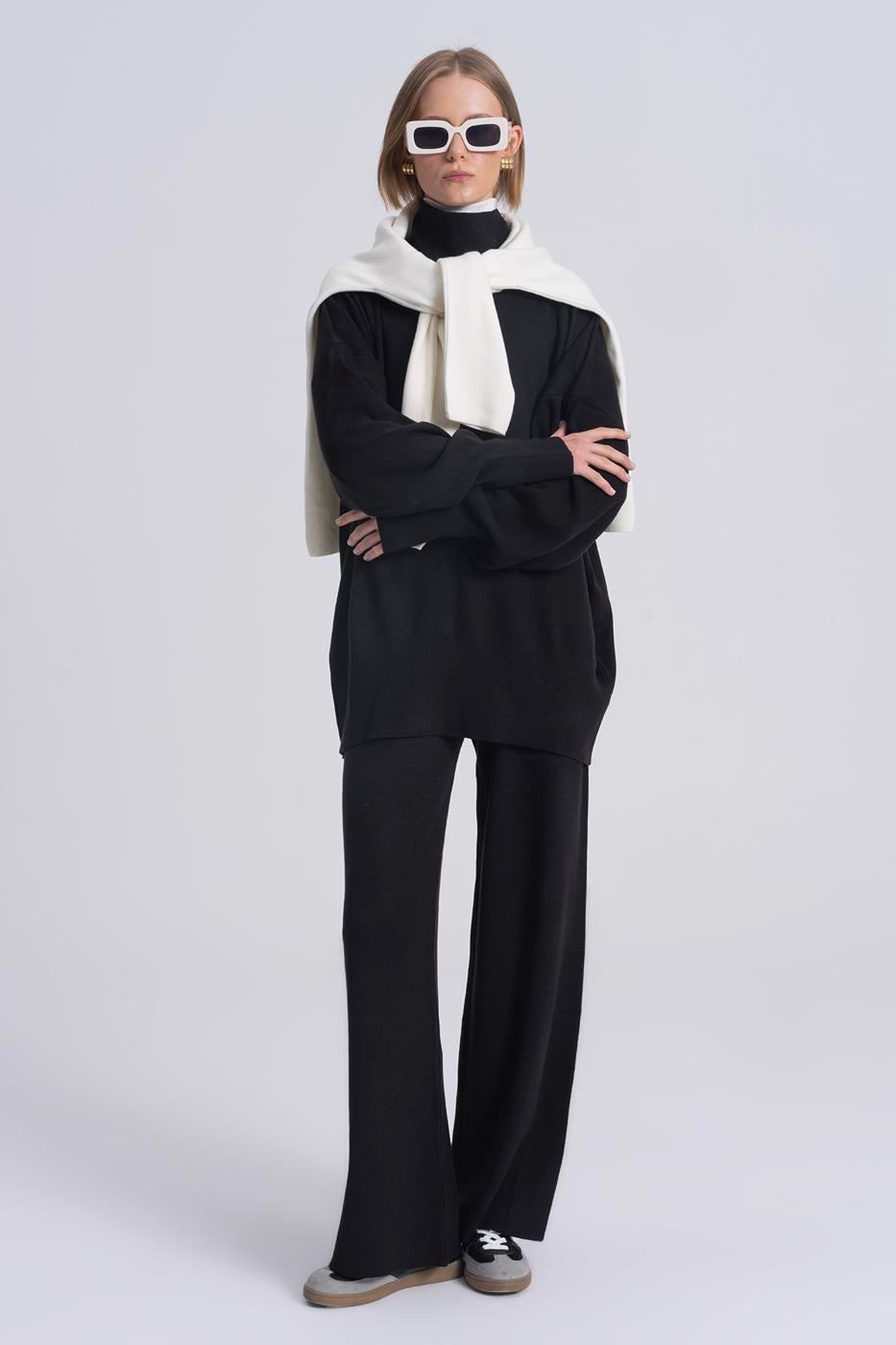 Wide Leg Knitwear Trousers Black