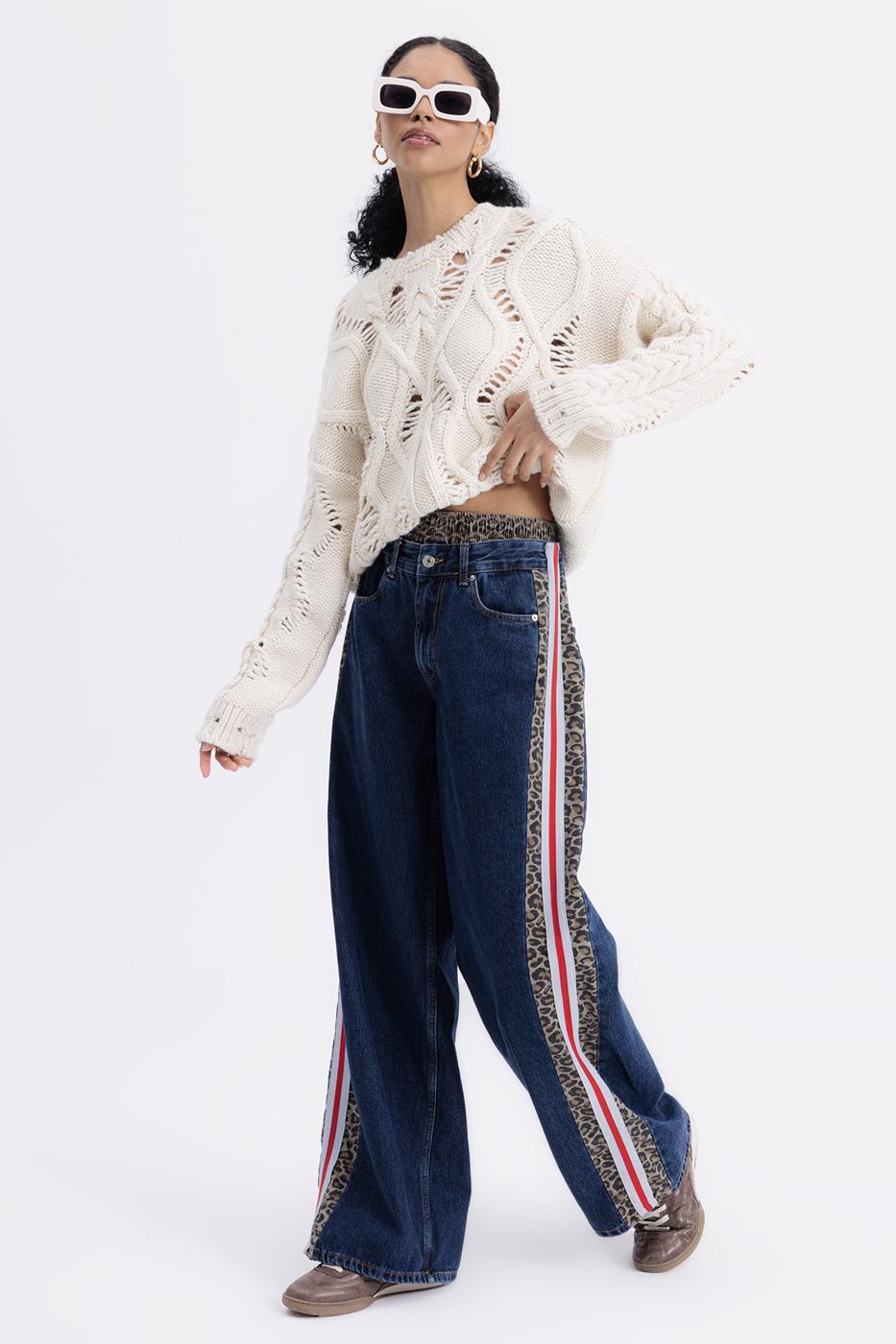 Boxer Detailed Side Stripe Denim Trousers Blue