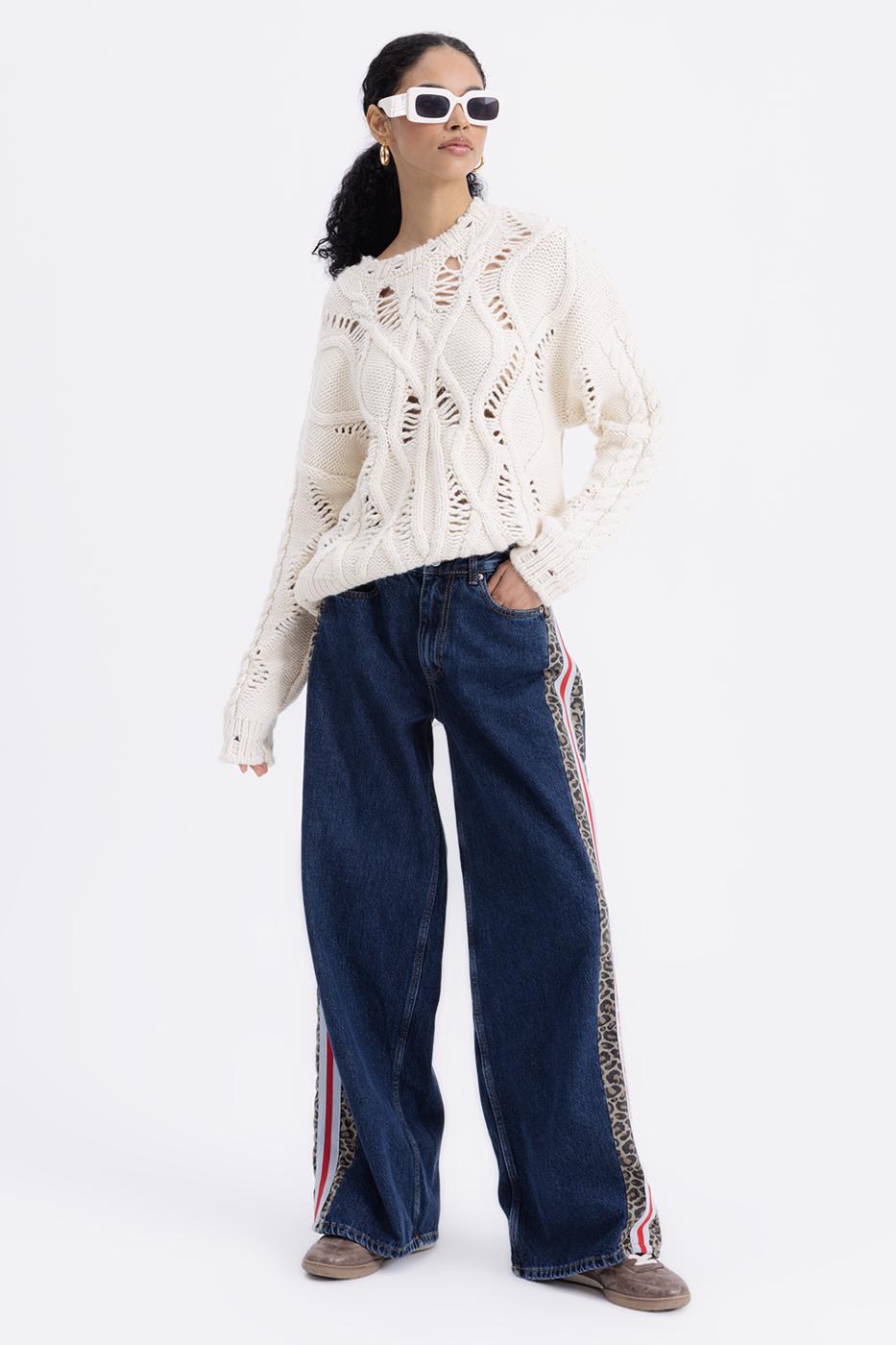 Boxer Detailed Side Stripe Denim Trousers Blue
