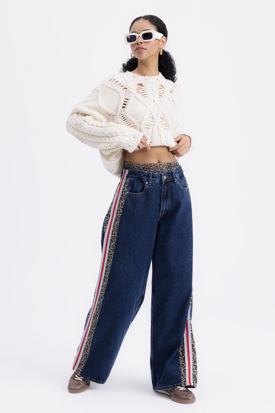 Boxer Detailed Side Stripe Denim Trousers Blue