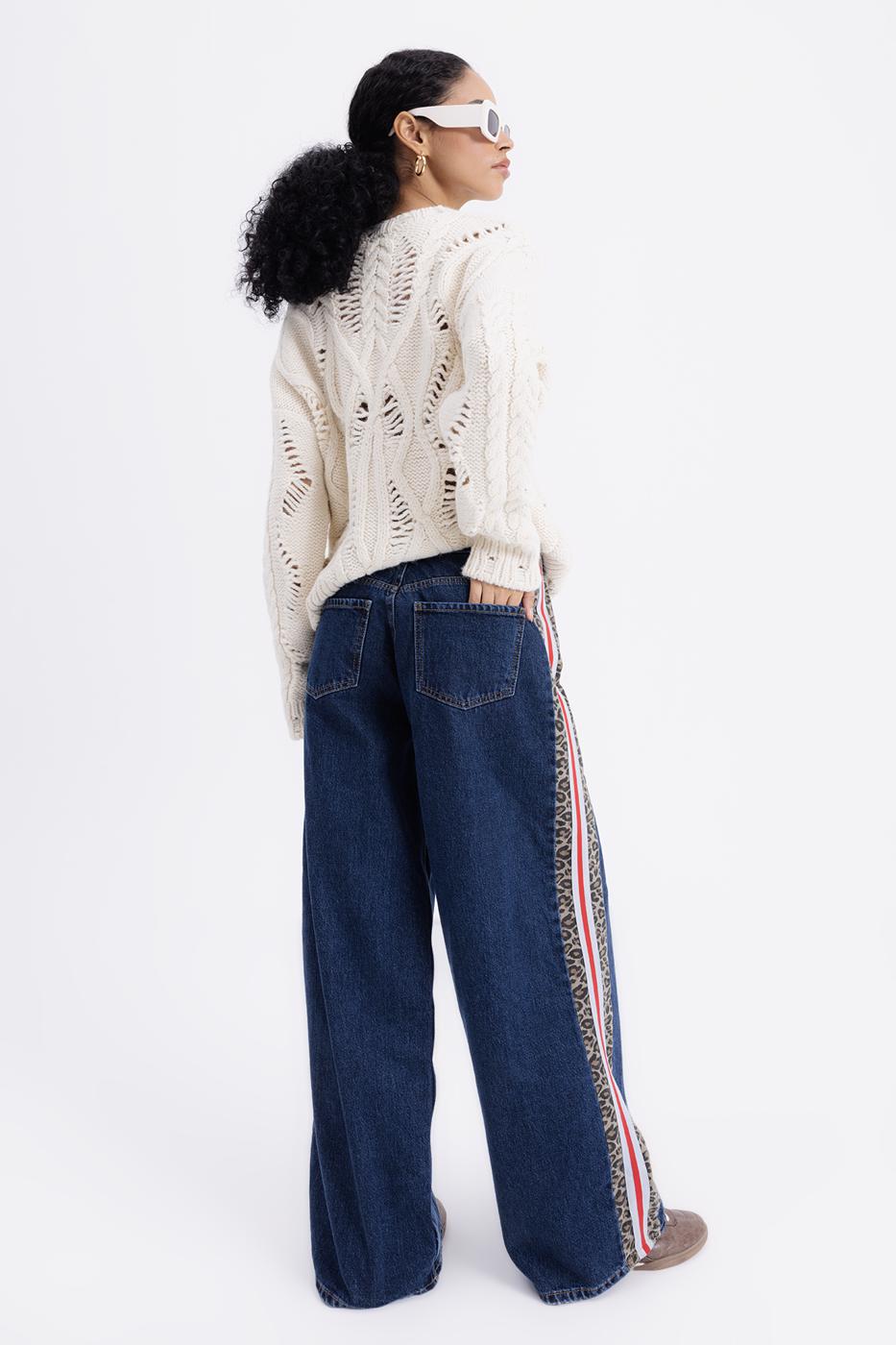 Boxer Detailed Side Stripe Denim Trousers Blue