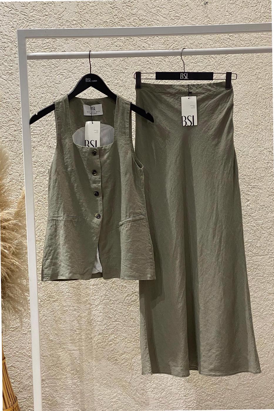 100% Linen Fishtail Skirt Khaki
