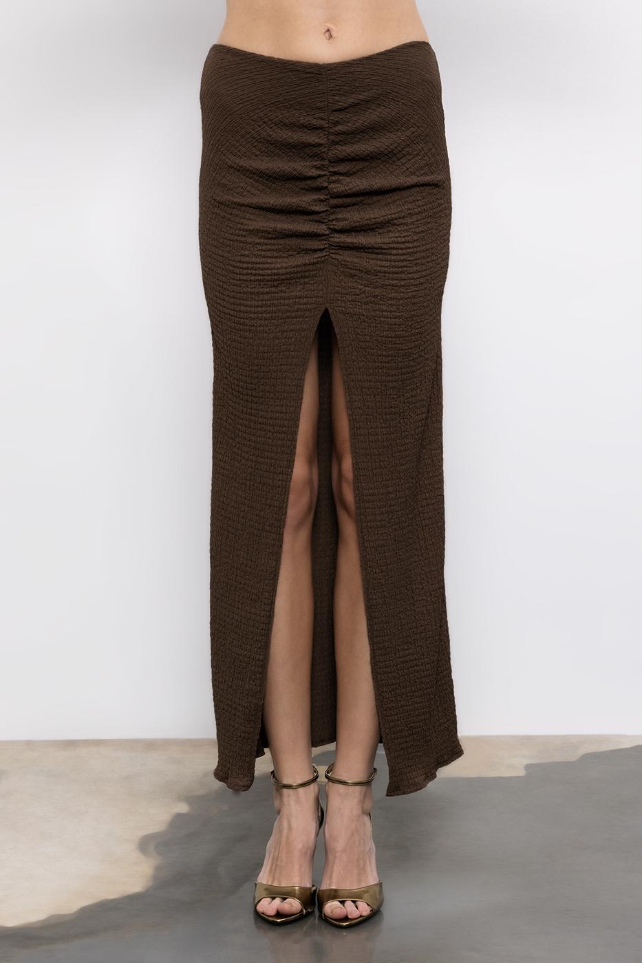 Gathered Textured Midi Skirt Brown