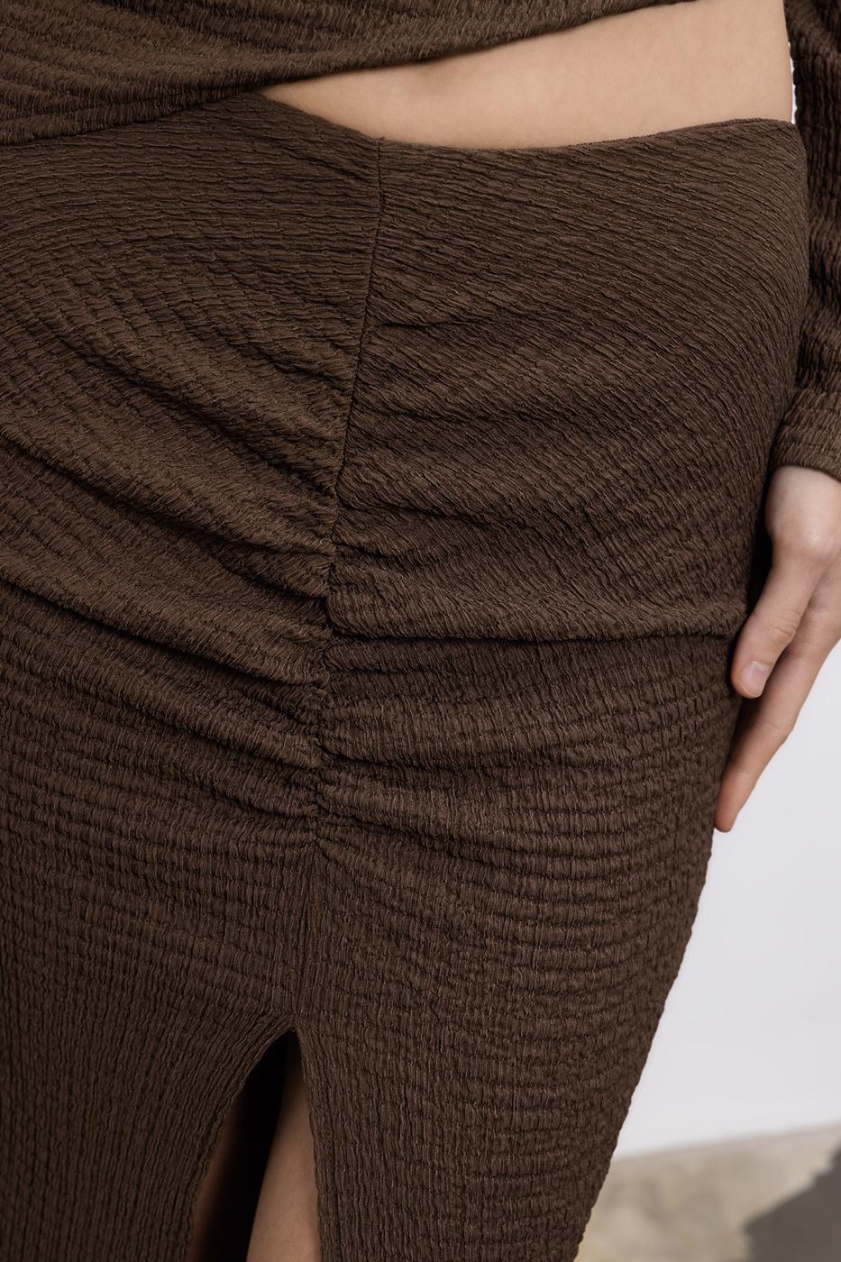 Gathered Textured Midi Skirt Brown