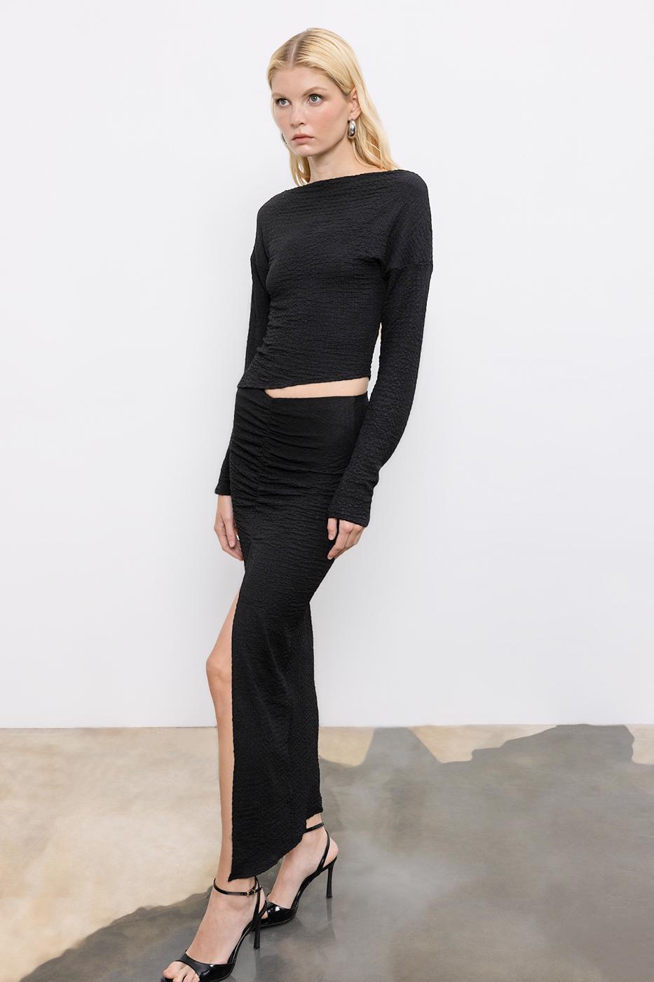 Gathered Textured Midi Skirt Black