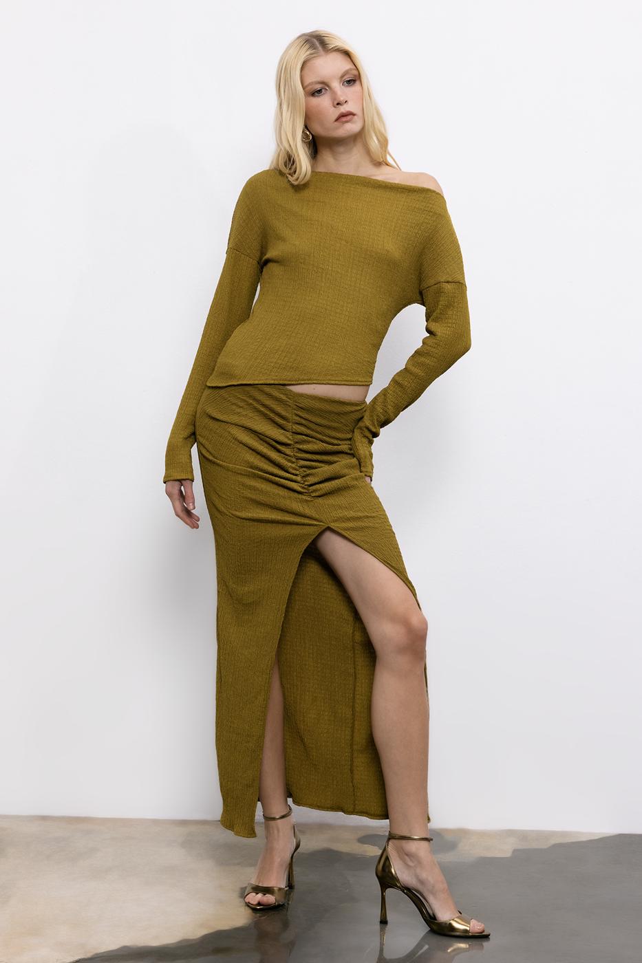 Gathered Textured Midi Skirt Green