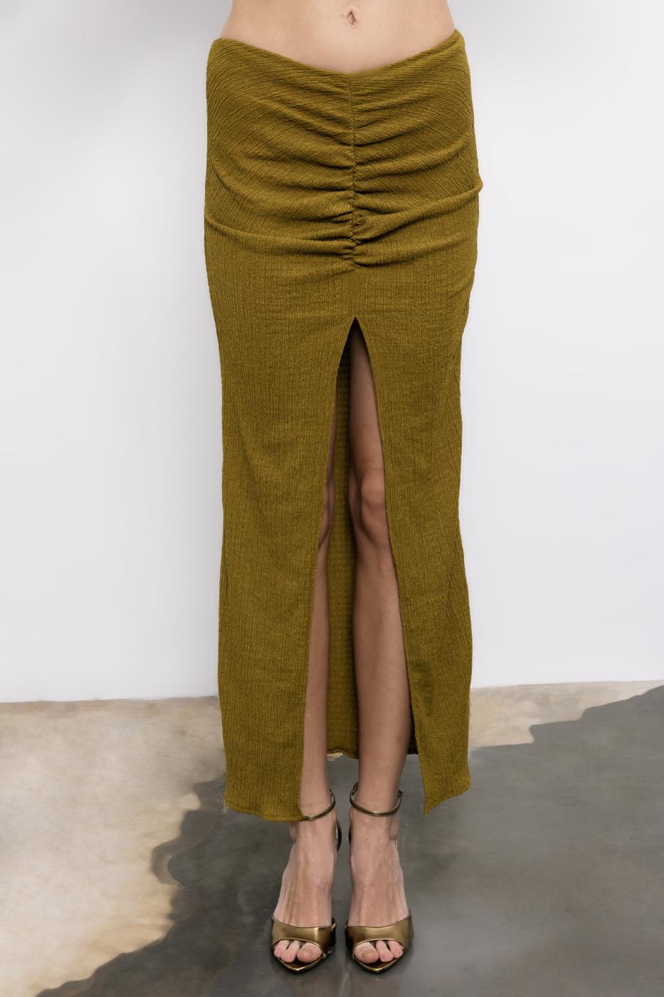 Gathered Textured Midi Skirt Green