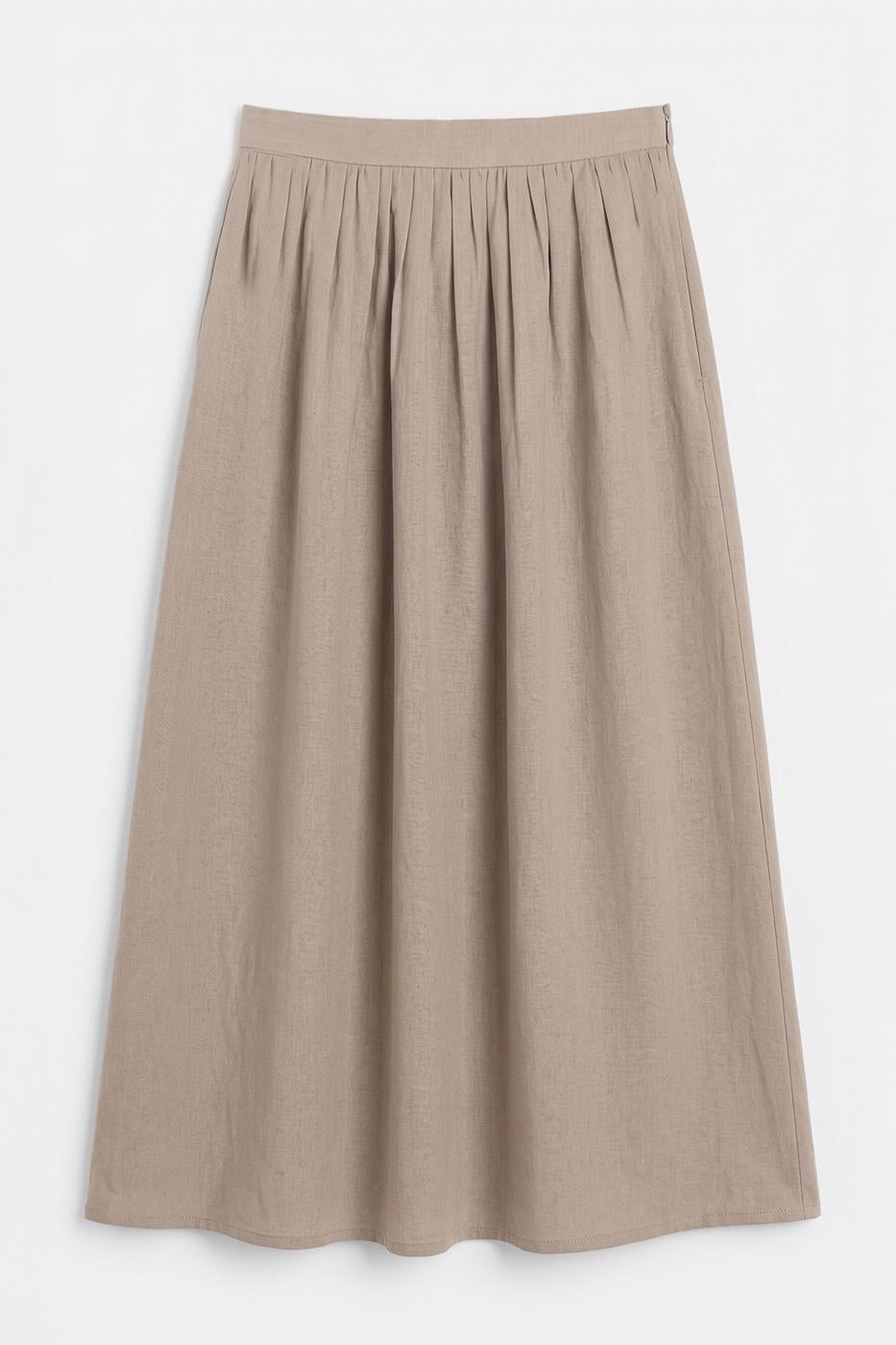 Gathered Linen Midi Skirt Beige
