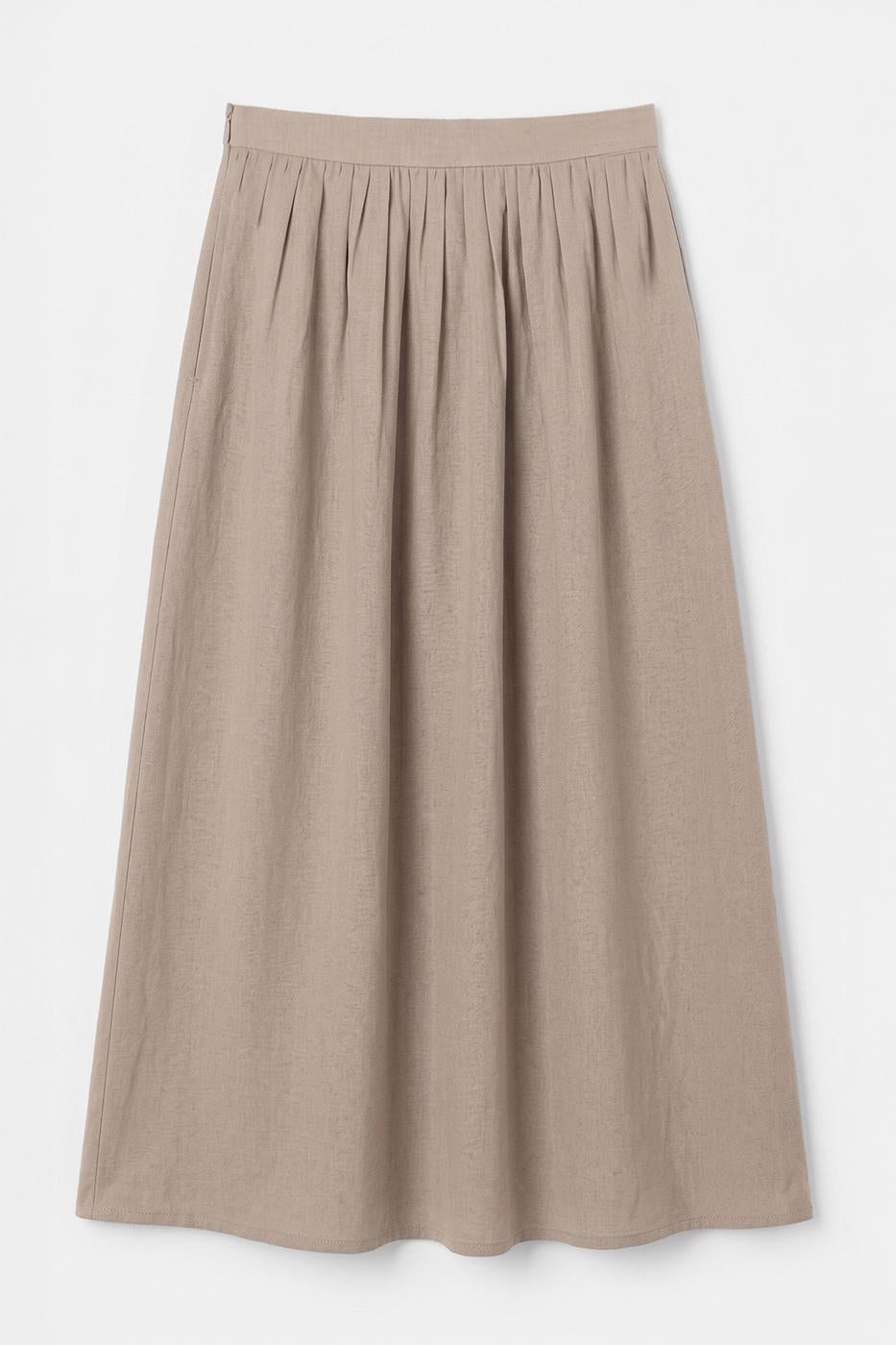 Gathered Linen Midi Skirt Beige