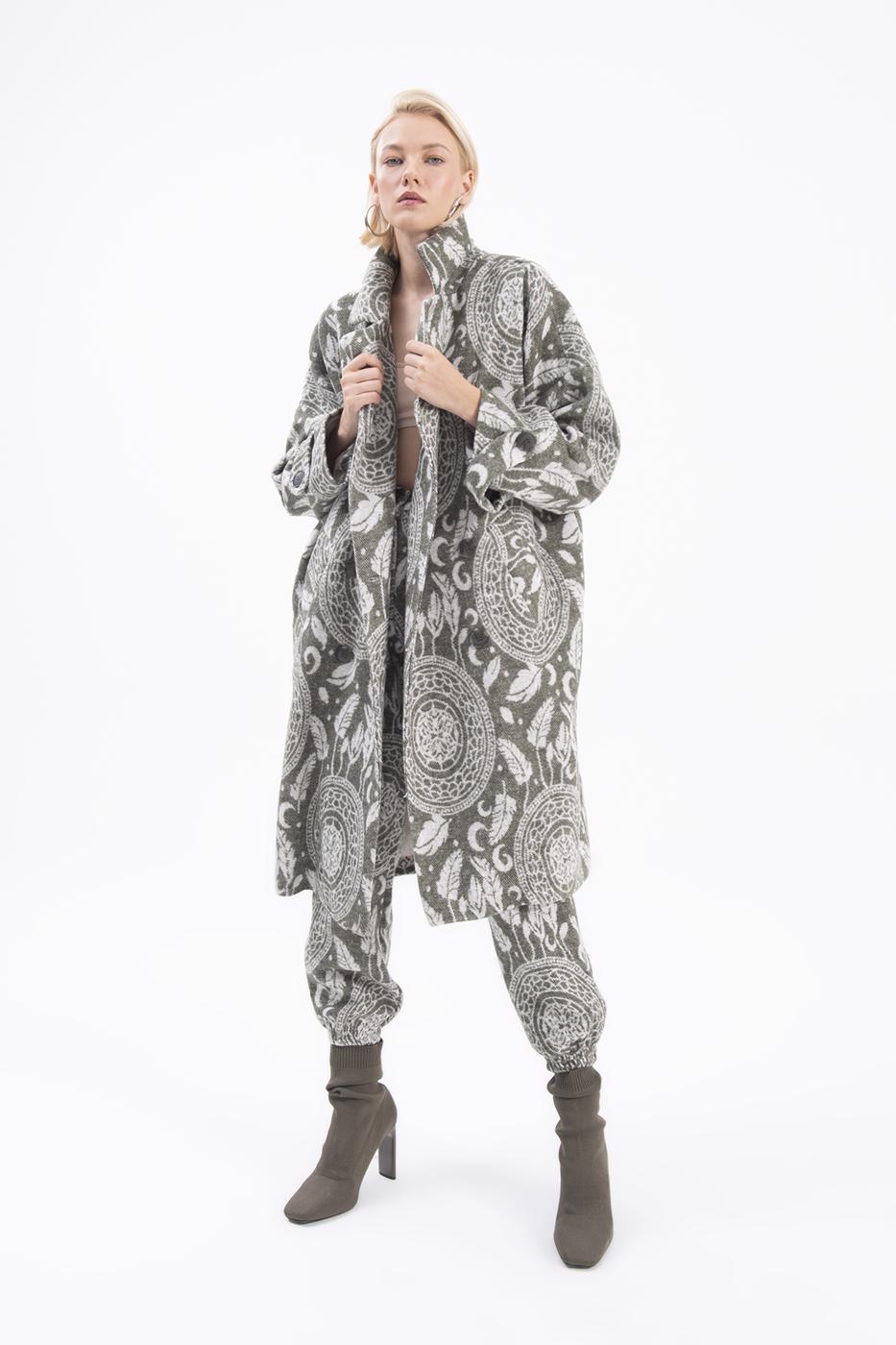 Jacket collar patterned coat Khaki