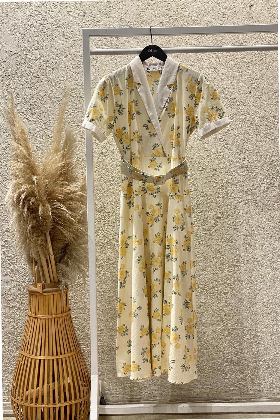 Jacket Collar Belted Poplin Dress Yellow