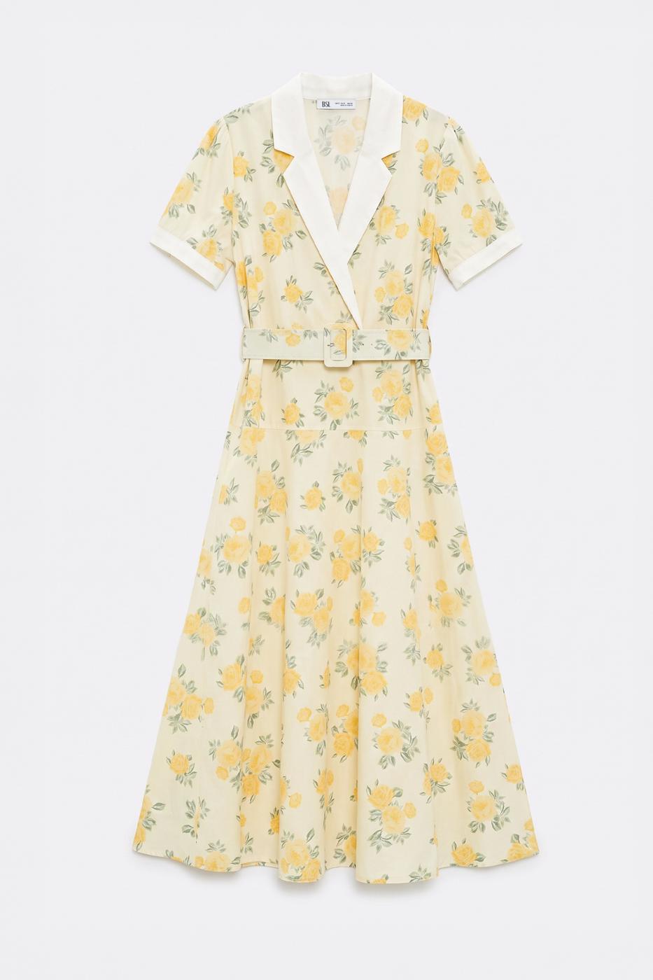 Jacket Collar Belted Poplin Dress Yellow