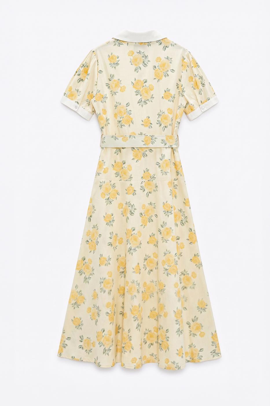 Jacket Collar Belted Poplin Dress Yellow